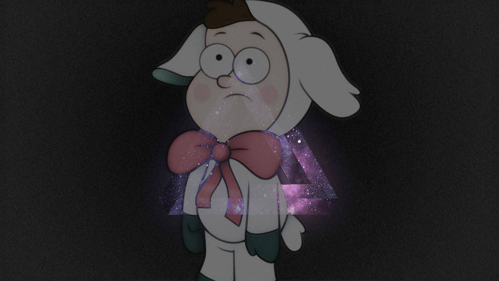 dipper pines 桌布 壁紙 — 一個戴著粉紅色蝴蝶結的卡通綿羊角色站在深色背景前，背後有一個發光的紫色星系三角形。