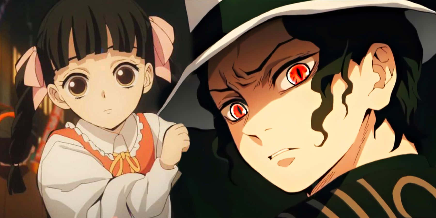 Demon Slayer Half-demon 桌布 壁紙 — 一個戴著粉紅色蝴蝶結的小女孩站在一個擁有發光紅眼和綠色帽子的威脅人物旁邊。