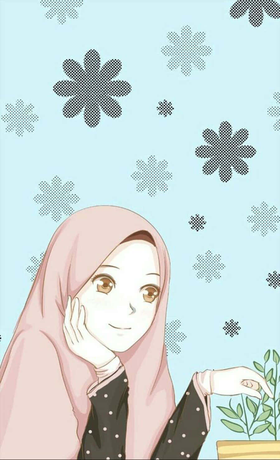Girl Aesthetic 桌布 壁紙 — 一個戴著粉紅色頭巾的微笑動漫女孩，在淺藍色背景上輕觸盆栽植物，背景有風格化的花朵。