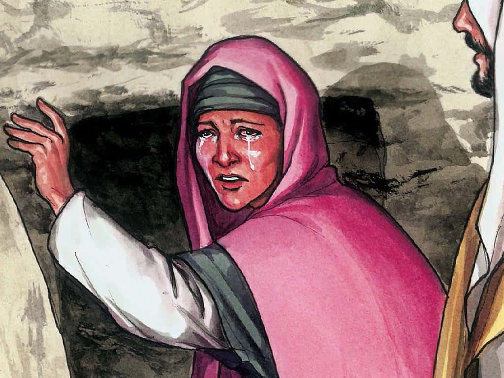 Mary Magdalene 桌布 壁紙 — 一個戴著粉紅色頭巾的悲傷女人，淚水順著臉頰流下，在岩石背景下伸出手。