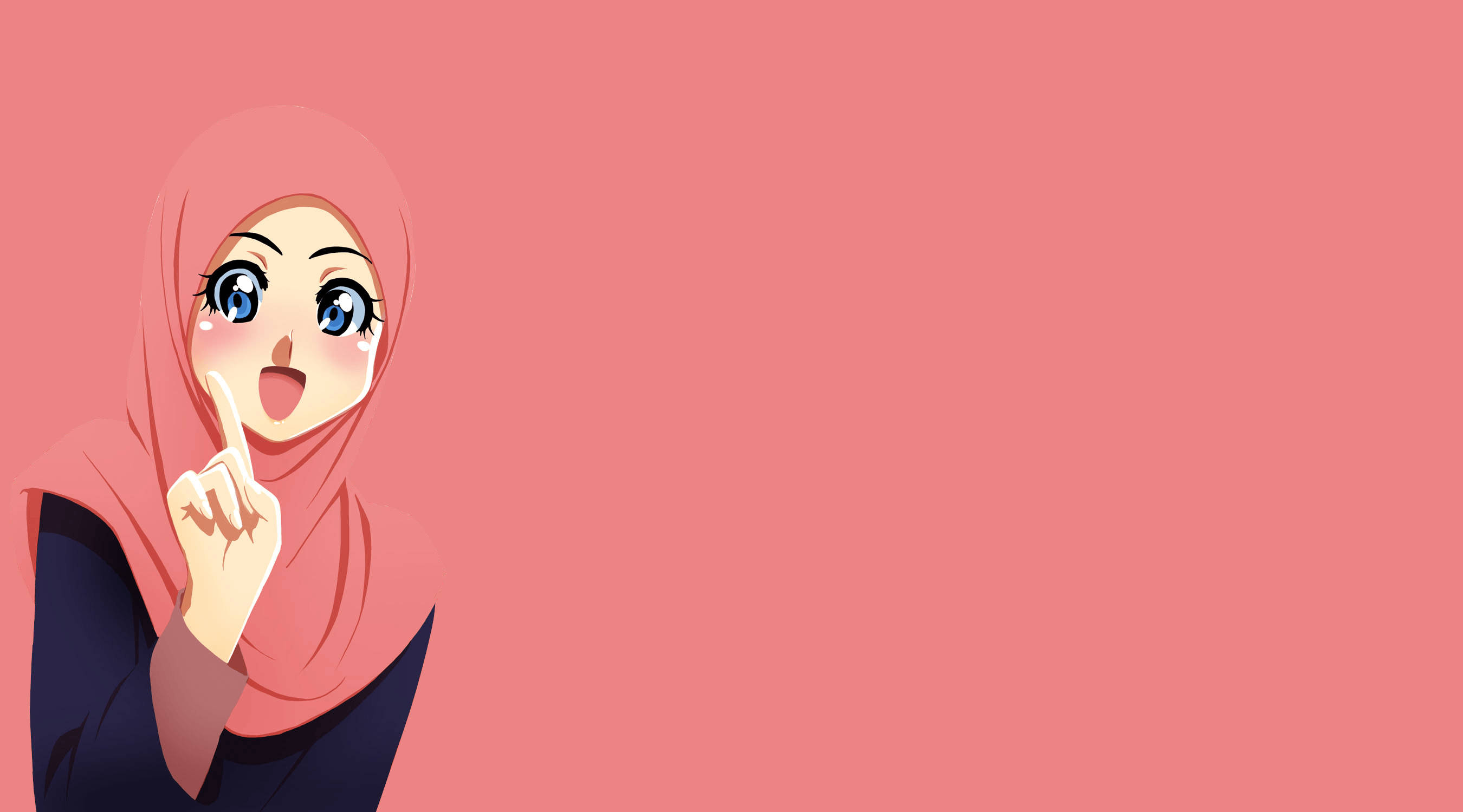 anime hijab 桌布 壁紙 — 一個戴著粉紅色頭巾的驚訝動漫女孩，睜大藍色眼睛向上指著，背景是純粉紅色。