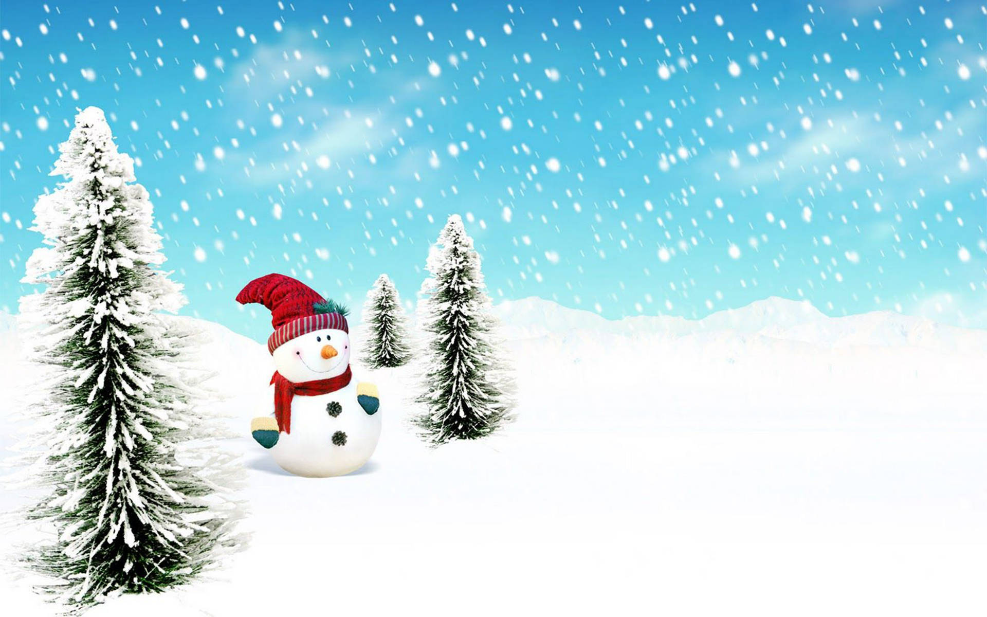 Cute Snow 桌布 壁紙 — 一個戴著紅帽子和圍巾的快樂雪人站在白雪覆蓋的冬季森林中，雪松樹下，藍天飄雪。