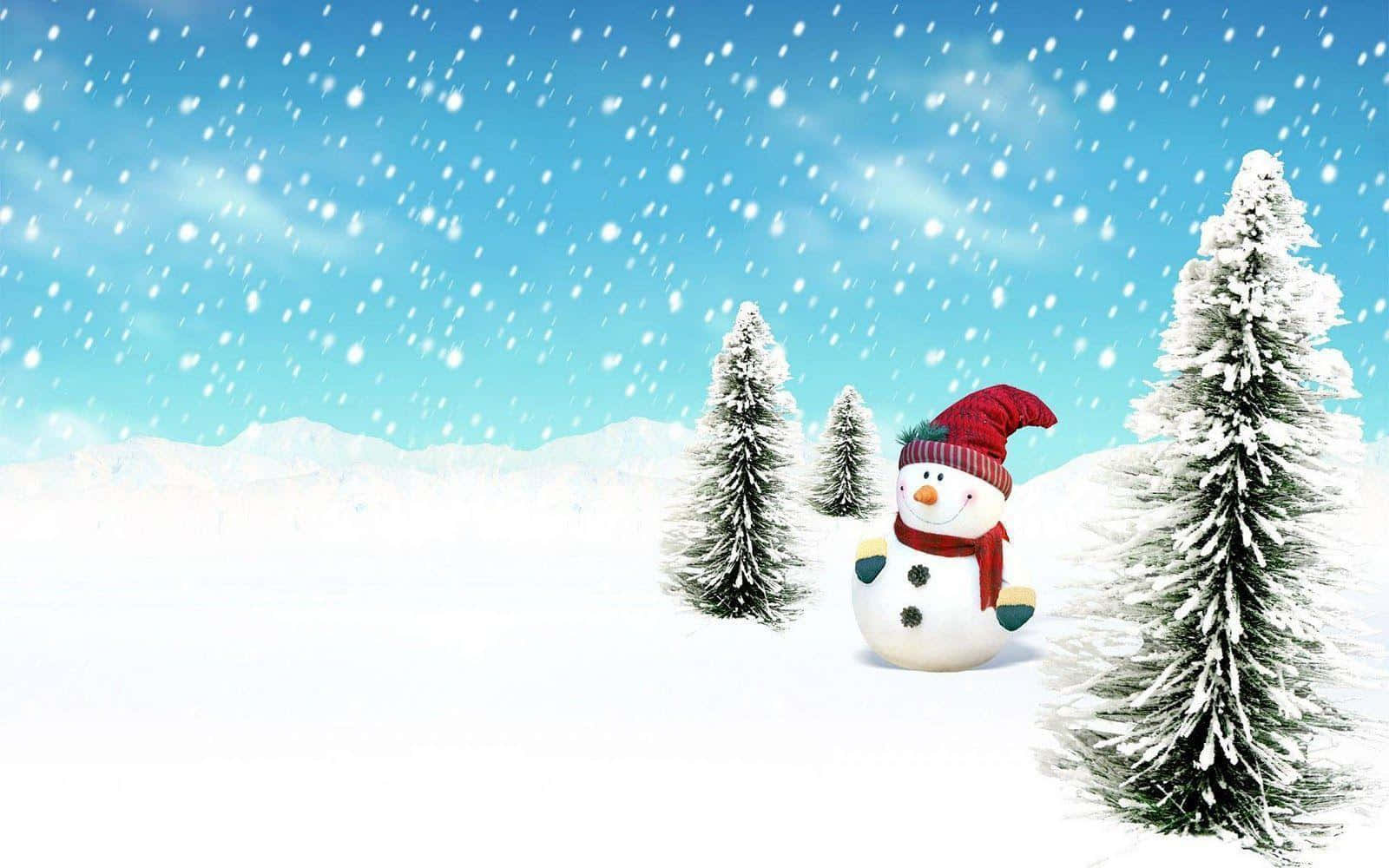  壁紙 — 一個戴著紅帽子和圍巾的快樂雪人站在雪松林中，雪花飄落。