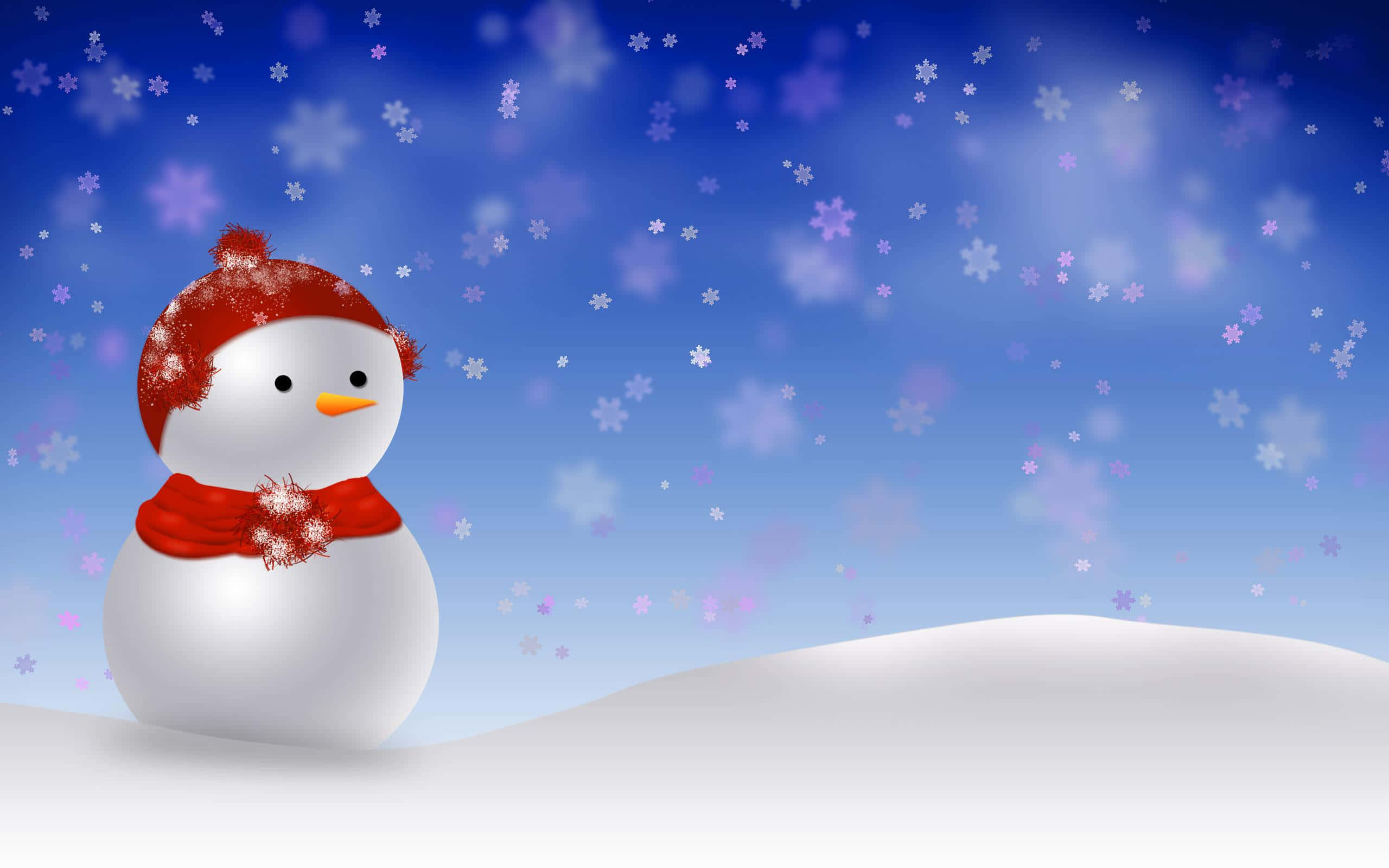 雪人 桌布 壁紙 — 一個戴著紅帽子和圍巾的快樂雪人站在雪丘上，藍天下雪花飄落。