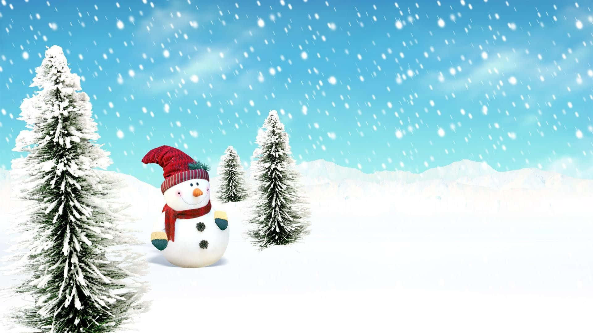 搞笑聖誕 桌布 壁紙 — 一個戴著紅帽子和圍巾的快樂雪人站在雪松林中，天空蔚藍，雪花飄落。