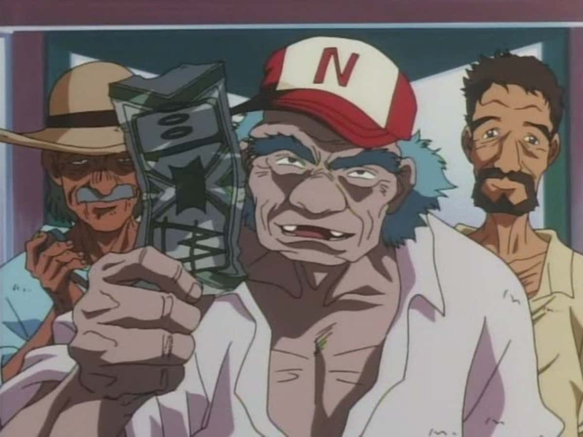 Cowboy Bebop Antonio 桌布 壁紙 — 一個戴著紅白帽的動畫男人拿著一個壞掉的裝置，另外兩個男人用緊張的表情看著。