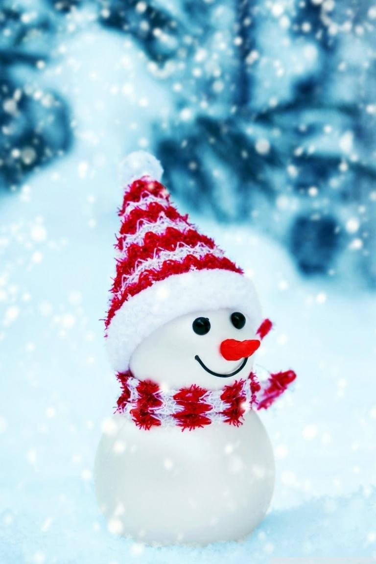 Cute Snow 桌布 壁紙 — 一個戴著紅白條紋帽子和圍巾的開心雪人在雪花飄落的雪白冬日場景中微笑。