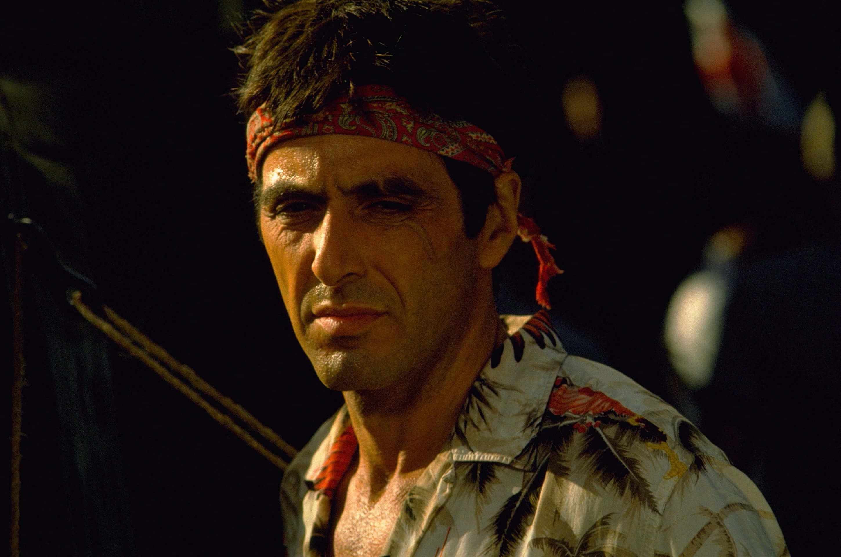 tony montana 桌布 壁紙 — 一個戴著紅色佩斯利頭巾和熱帶襯衫的男人，在昏暗的光線下，對著深色背景專注地凝視。