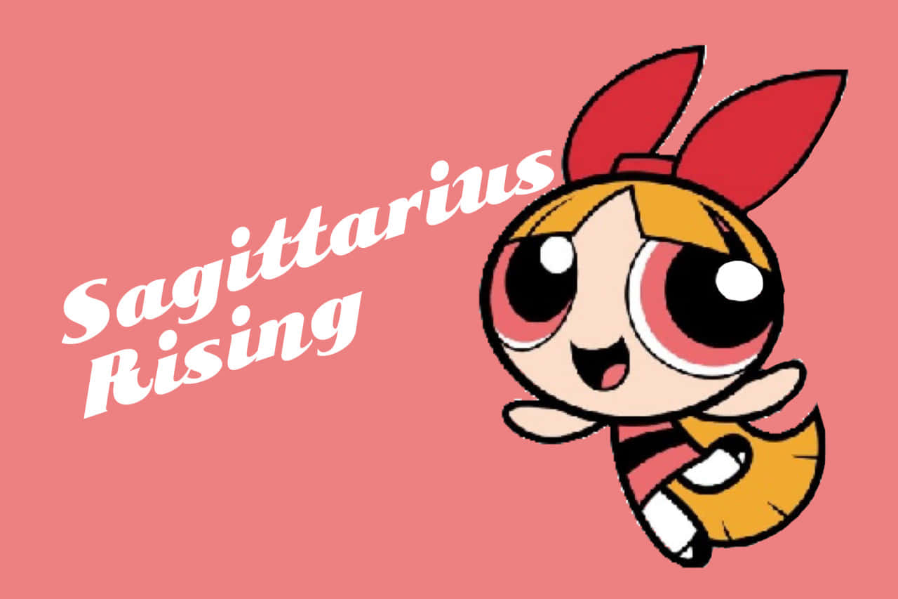Powerpuff Girls 桌布 壁紙 — 一個戴著紅色兔耳和黃色連衣裙的快樂卡通角色在純粉紅色背景上飛翔，並帶有文字Sagittarius Rising。