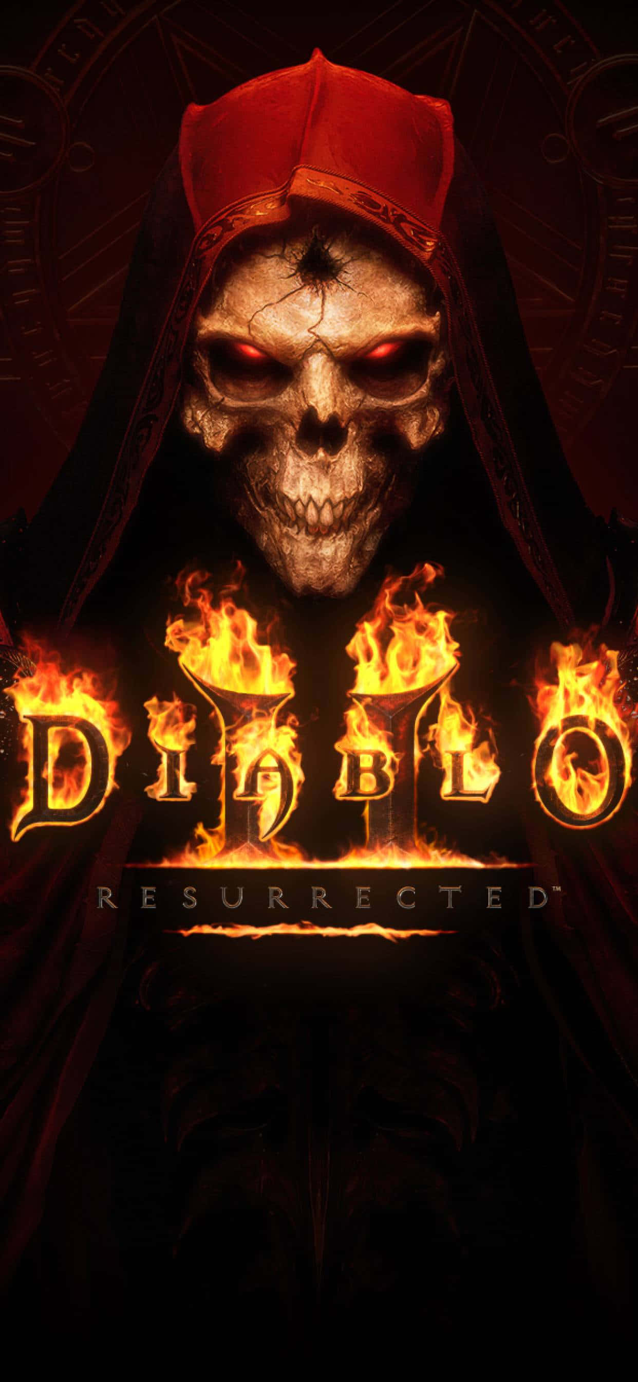 Diablo 2 Resurrected 桌布 壁紙 — 一個戴著紅色兜帽的可怕骷髏，在黑暗的神秘主題背景上，聳立於熾熱發光的「Diablo」文字之上。