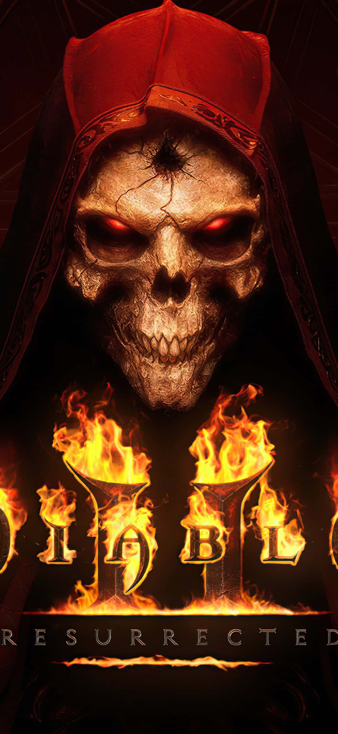 Diablo 2 Resurrected 桌布 壁紙 — 一個戴著紅色兜帽的可怕骷髏，用火紅的眼睛瞪著燃燒的字母，拼出 diablo