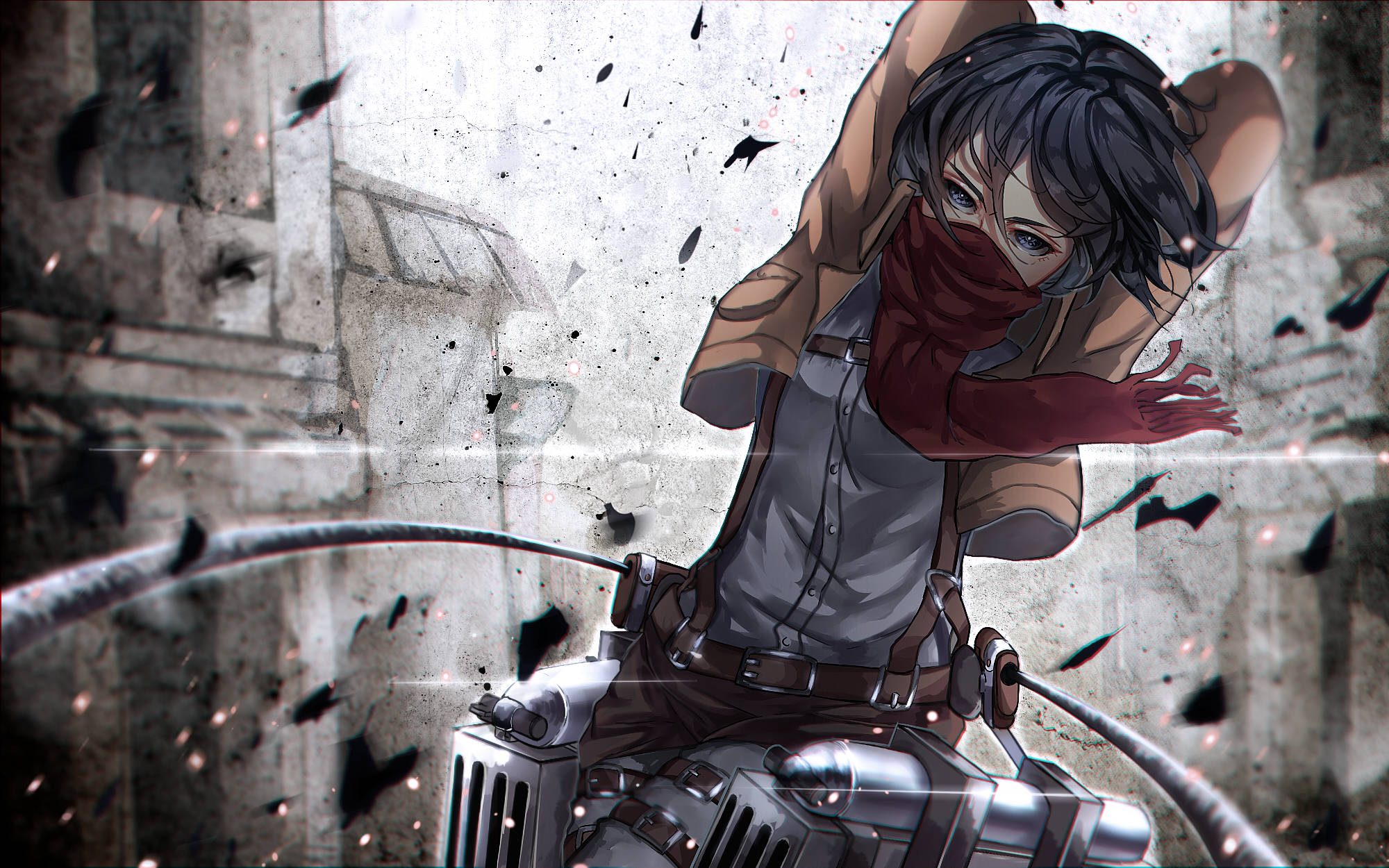 Mikasa Ackerman 桌布 壁紙 — 一個戴著紅色圍巾和裝備的動漫女孩，駕駛機械車輛穿過瓦礫飛揚的 crumbling 城市戰場。
