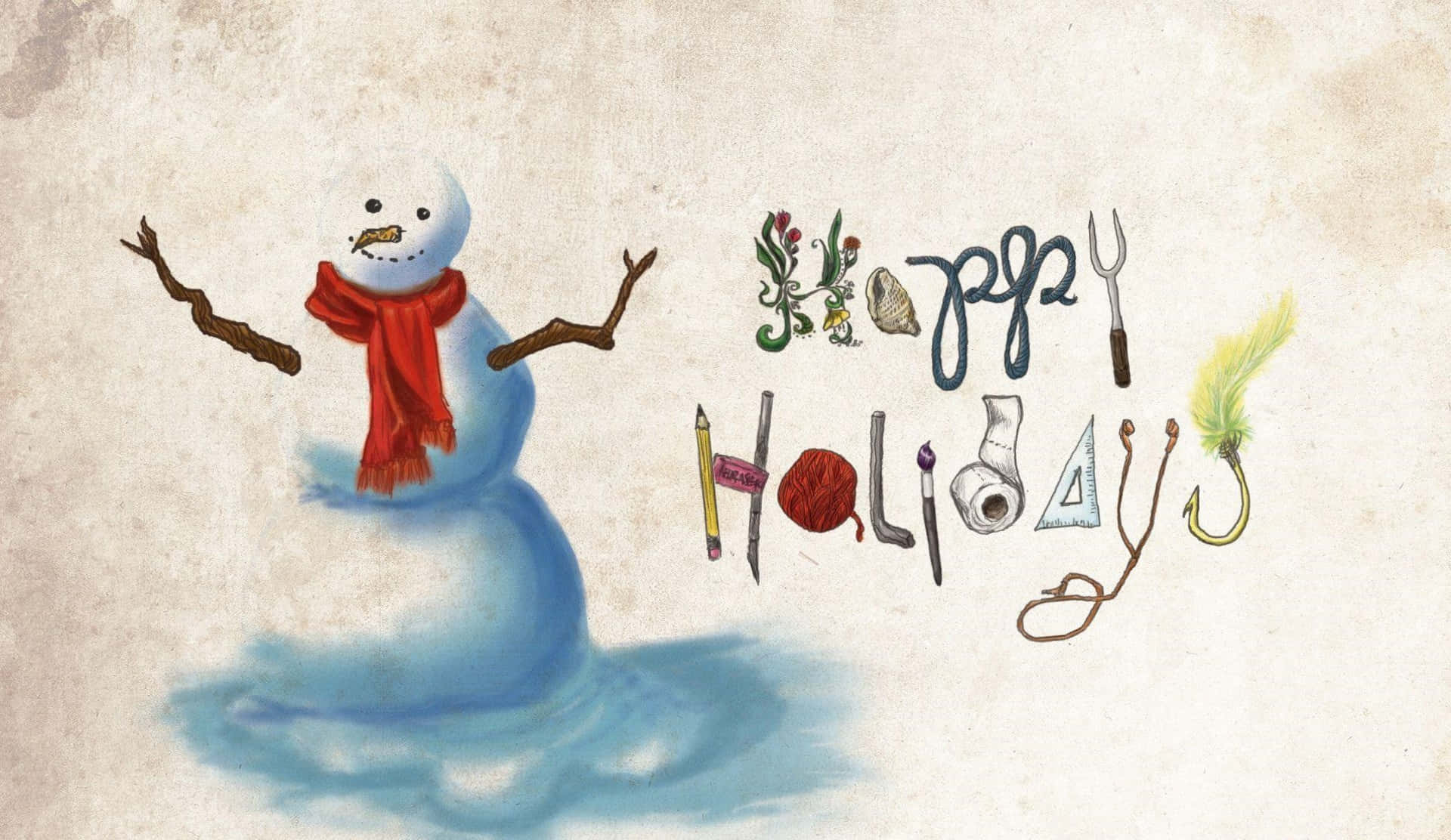 雪人 桌布 壁紙 — 一個戴著紅色圍巾的快樂雪人站在一個有紋理的背景上，旁邊是異想天開的節日主題字母和物品。