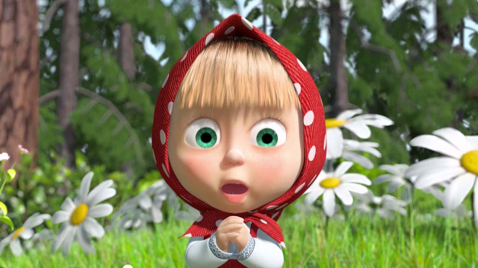 Masha And The Bear 桌布 壁紙 — 一個戴著紅色圓點頭巾的驚訝動畫女孩站在陽光明媚的草地上，草地上滿是雛菊和高大的綠樹。