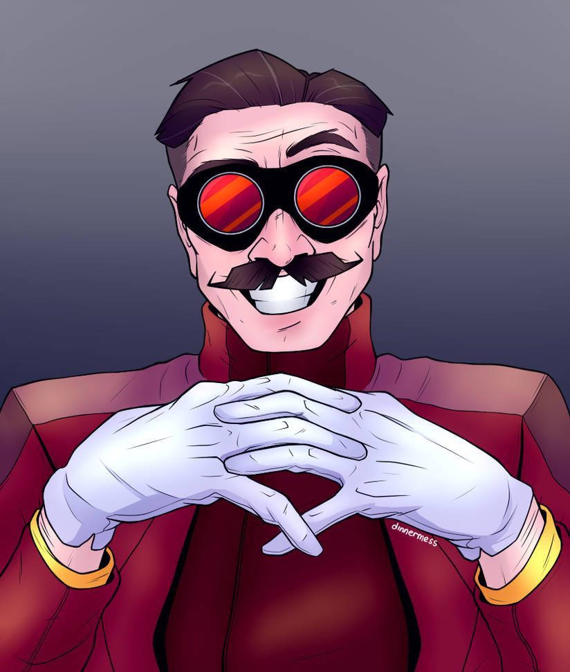 Eggman 桌布 壁紙 — 一個戴著紅色太陽眼鏡和鬍子的卡通反派微笑著，雙手合攏，戴著白色手套。