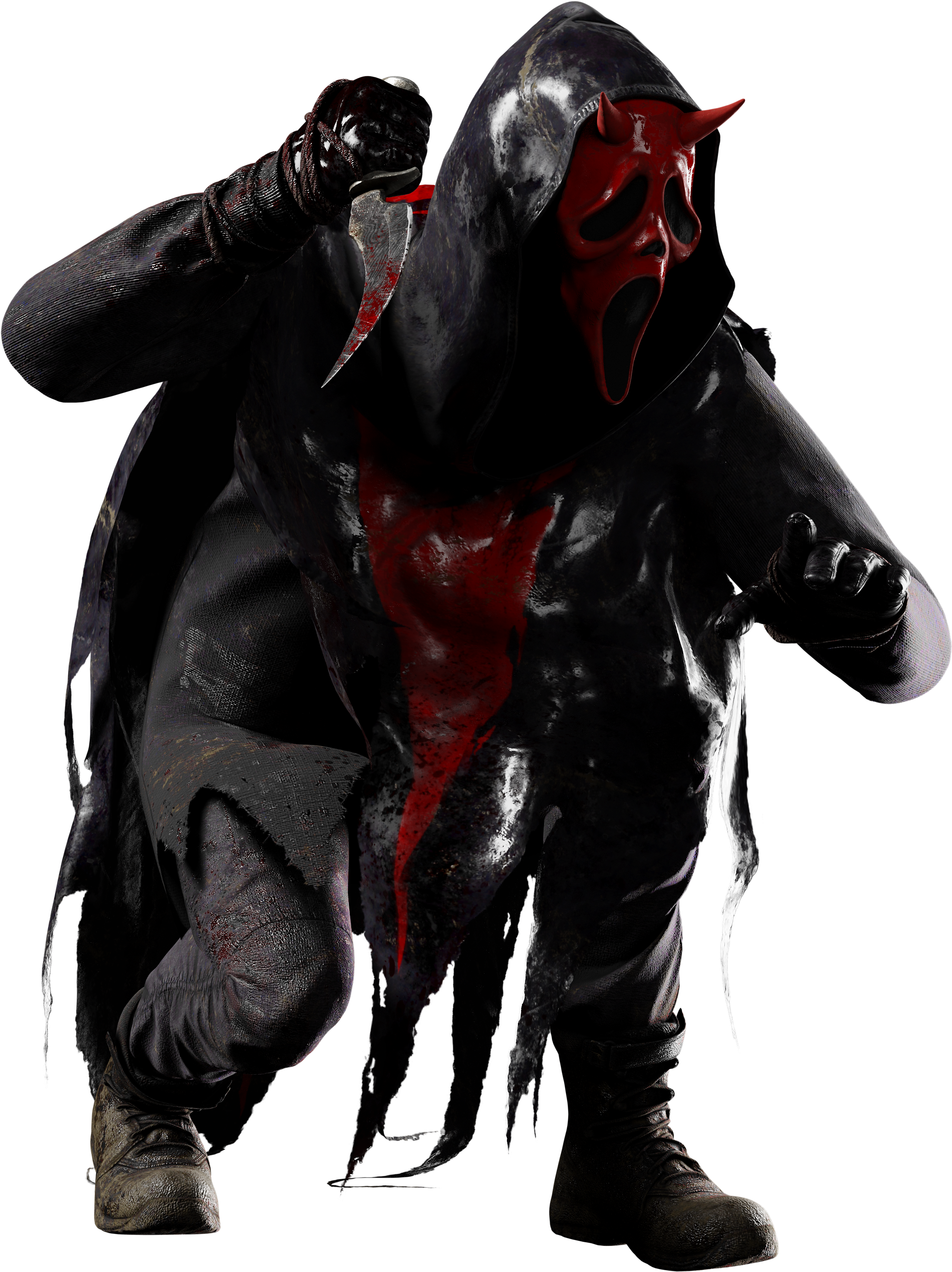 horror villains 桌布 壁紙 — 一個戴著紅色尖叫面具、手持血淋淋匕首的威脅性蒙面人物，在黑色背景前向前猛衝。