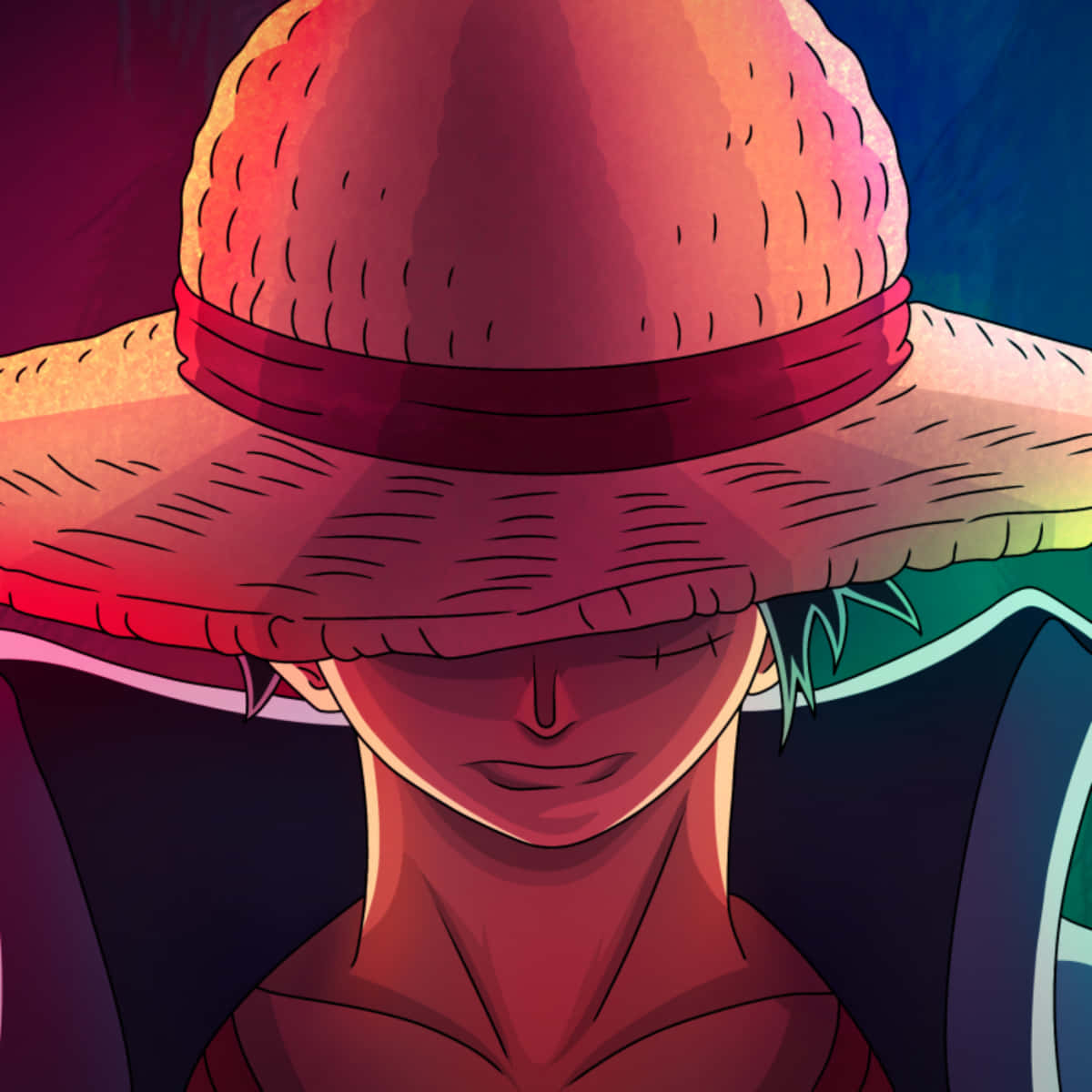 Luffy 桌布 壁紙 — 一個戴著紅色帶子寬邊草帽的動漫角色特寫，在充滿活力的漸變背景前閉上眼睛，展現平靜自信的神態。