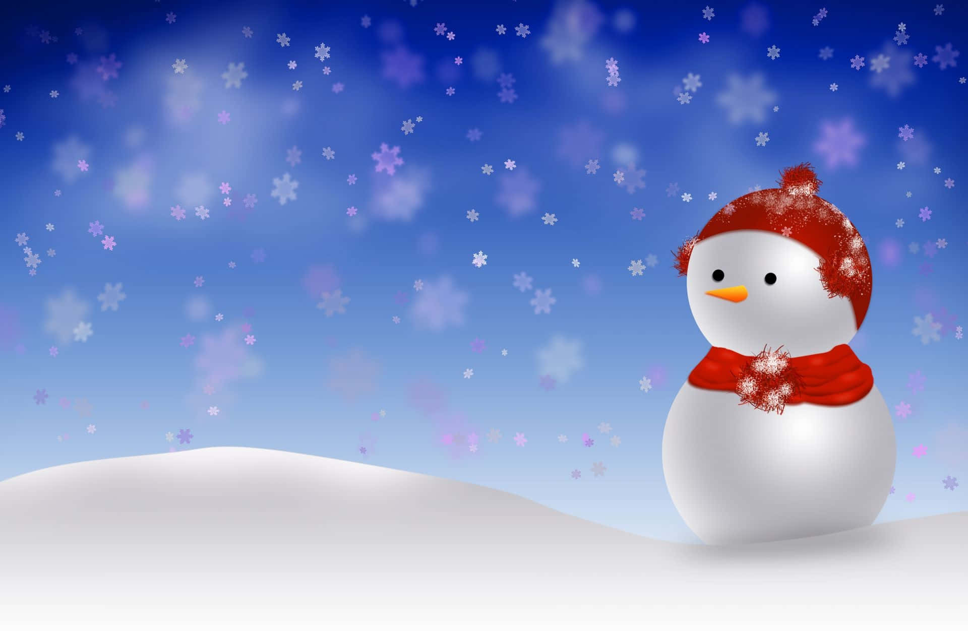 雪 桌布 壁紙 — 一個戴著紅色帽子和圍巾的快樂雪人站在藍天下雪花飄落的雪丘上。