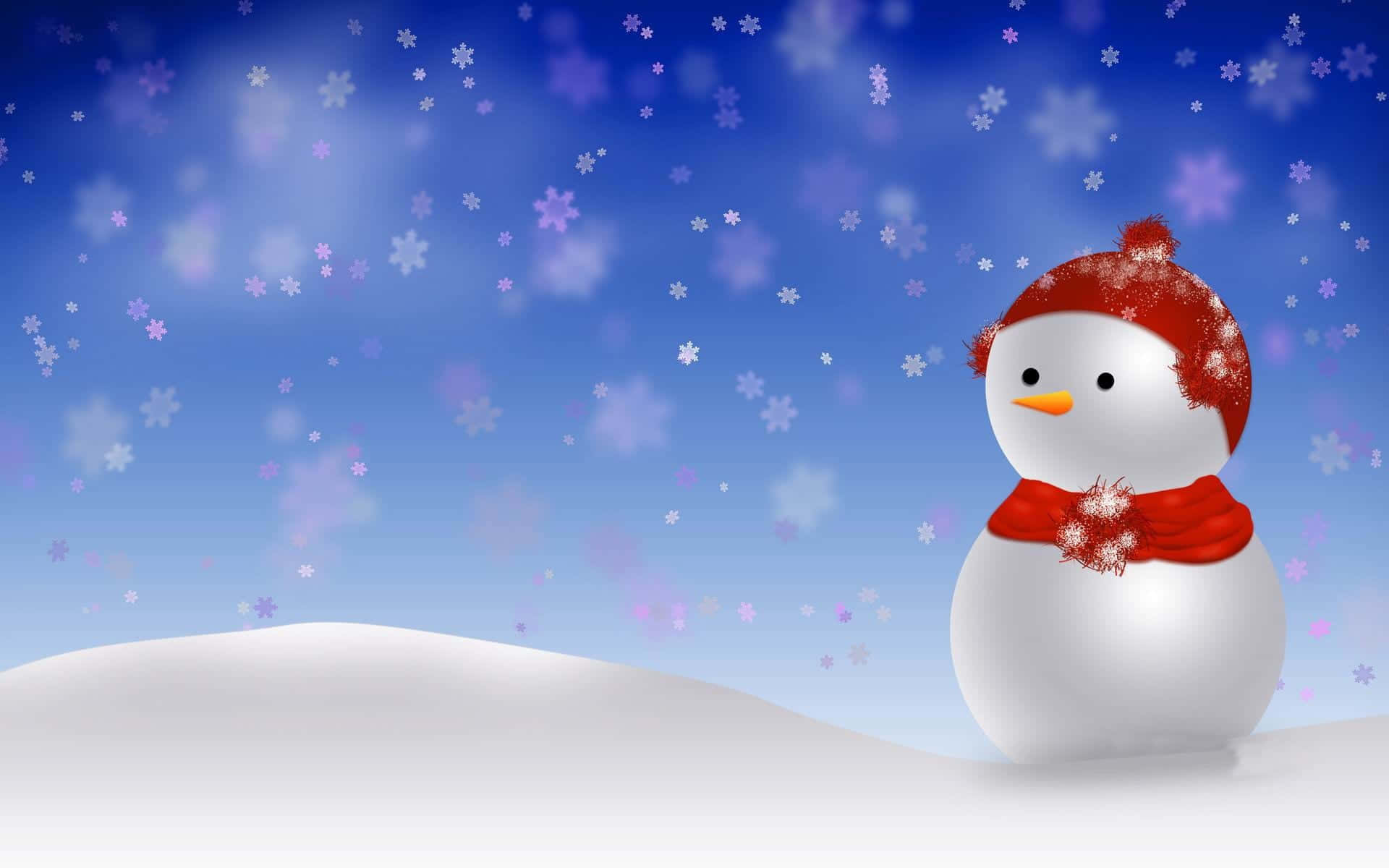 桌布 壁紙 — 一個戴著紅色帽子和圍巾的快樂雪人站在雪地上，藍天下飄著雪花。