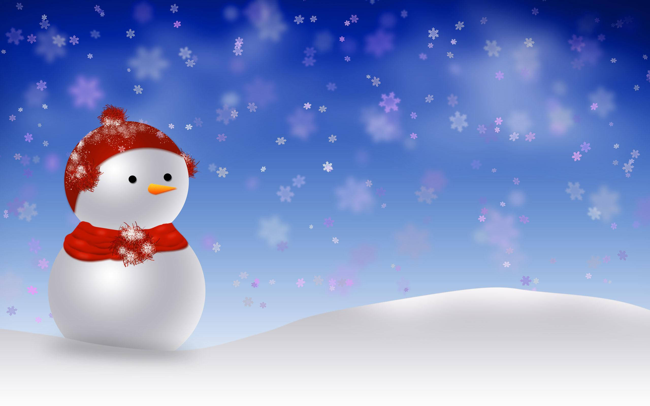 Cute Snow 桌布 壁紙 — 一個戴著紅色帽子和圍巾的快樂雪人站在雪丘上，藍天下雪花飄落。