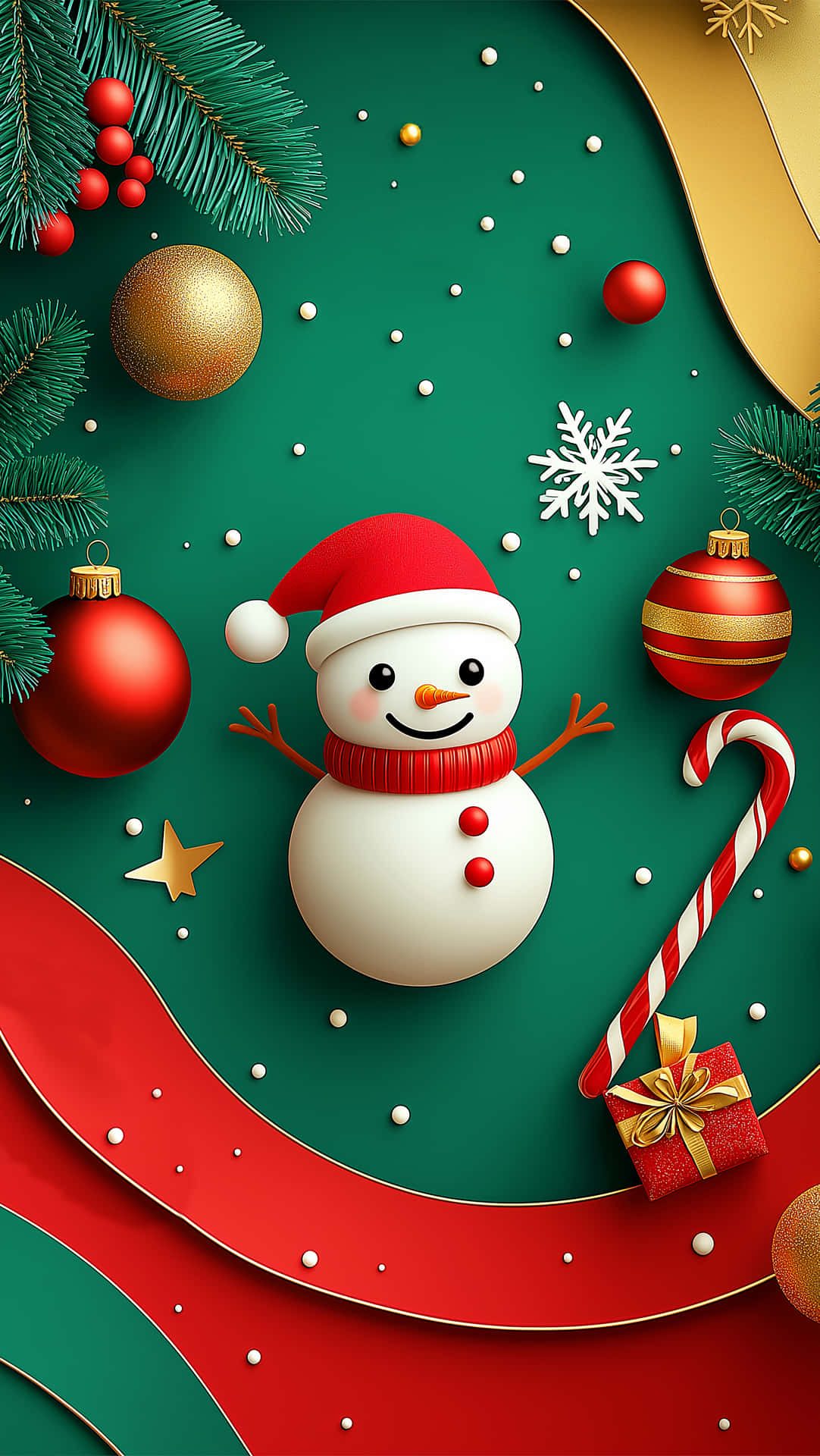 Christmas ornaments Wallpapers 壁紙 — 一個戴著紅色帽子和圍巾的開心3D雪人，在綠色背景上，在節日裝飾、拐杖糖和松樹枝中微笑。
