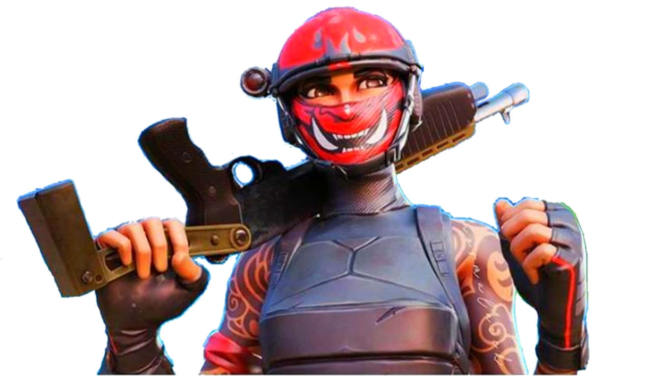 Tattoo 桌布 壁紙 — 一個戴著紅色火焰頭盔和臉部彩繪的Fortnite角色，在白色背景上揮舞著霰彈槍和手槍。