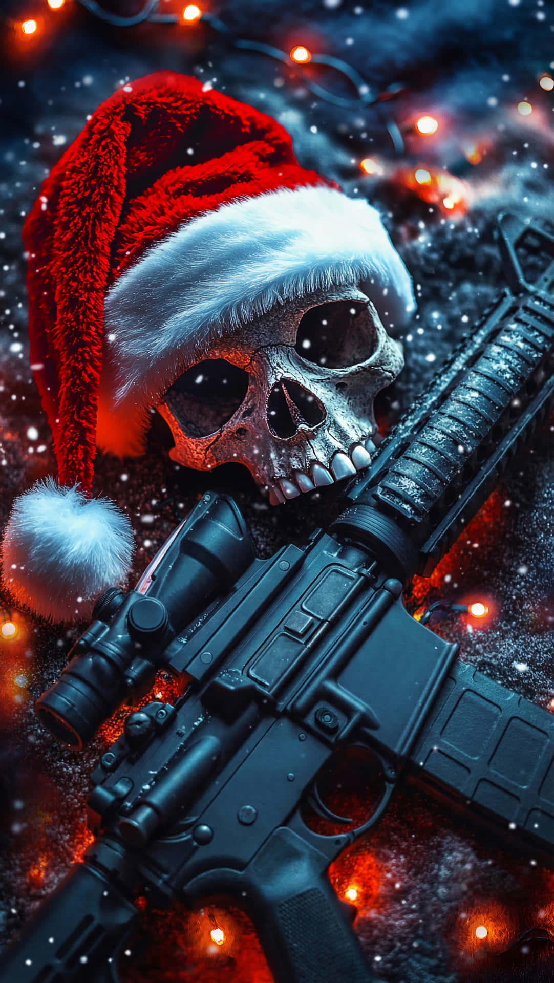 Christmas Wallpapers 壁紙 — 一個戴著紅色聖誕帽的頭骨放在黑色步槍旁邊，背景是雪地，有發光的紅燈。