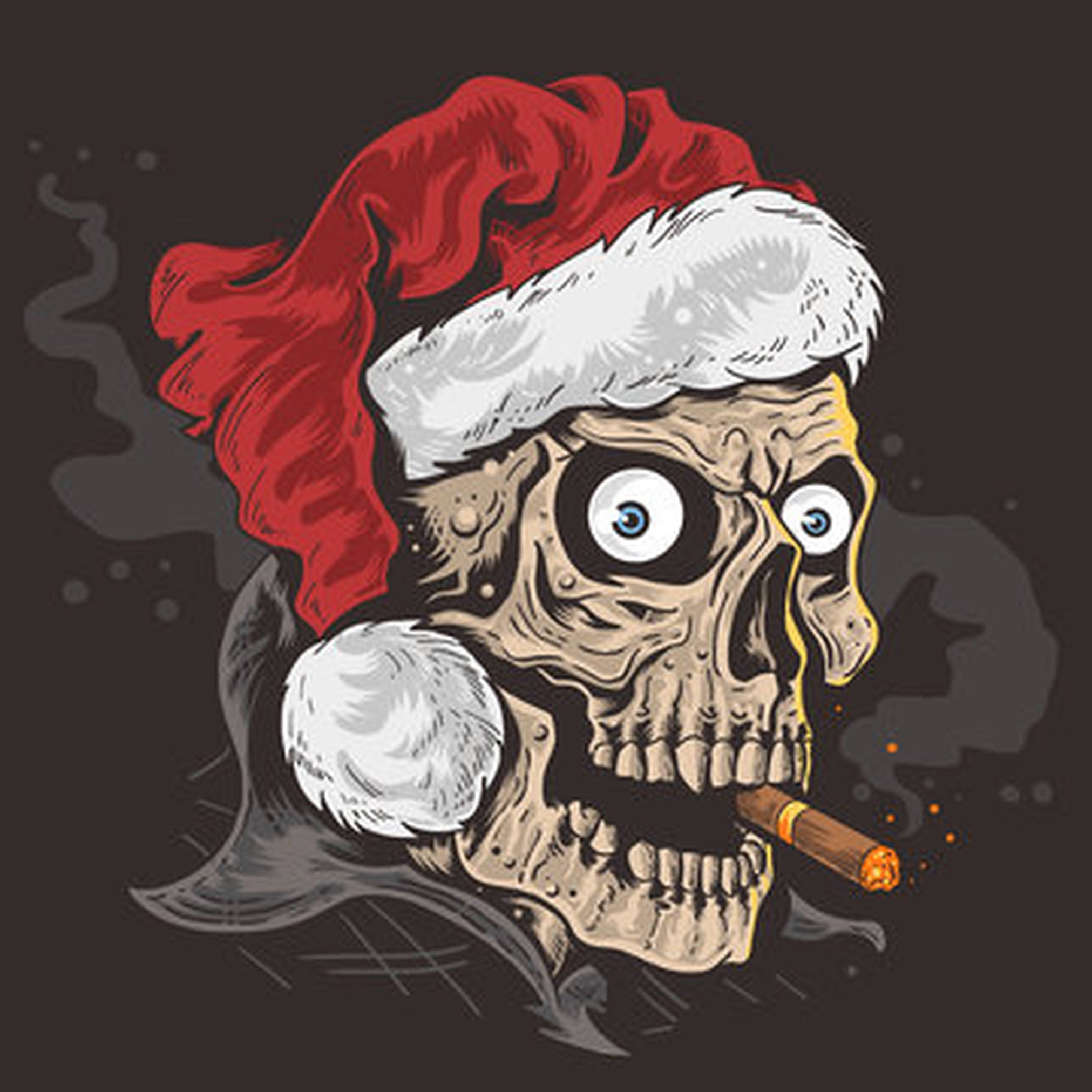 evil 桌布 壁紙 — 一個戴著紅色聖誕老人帽的卡通骷髏頭，在黑暗背景中抽著一支點燃的雪茄，周圍有煙霧漩渦。
