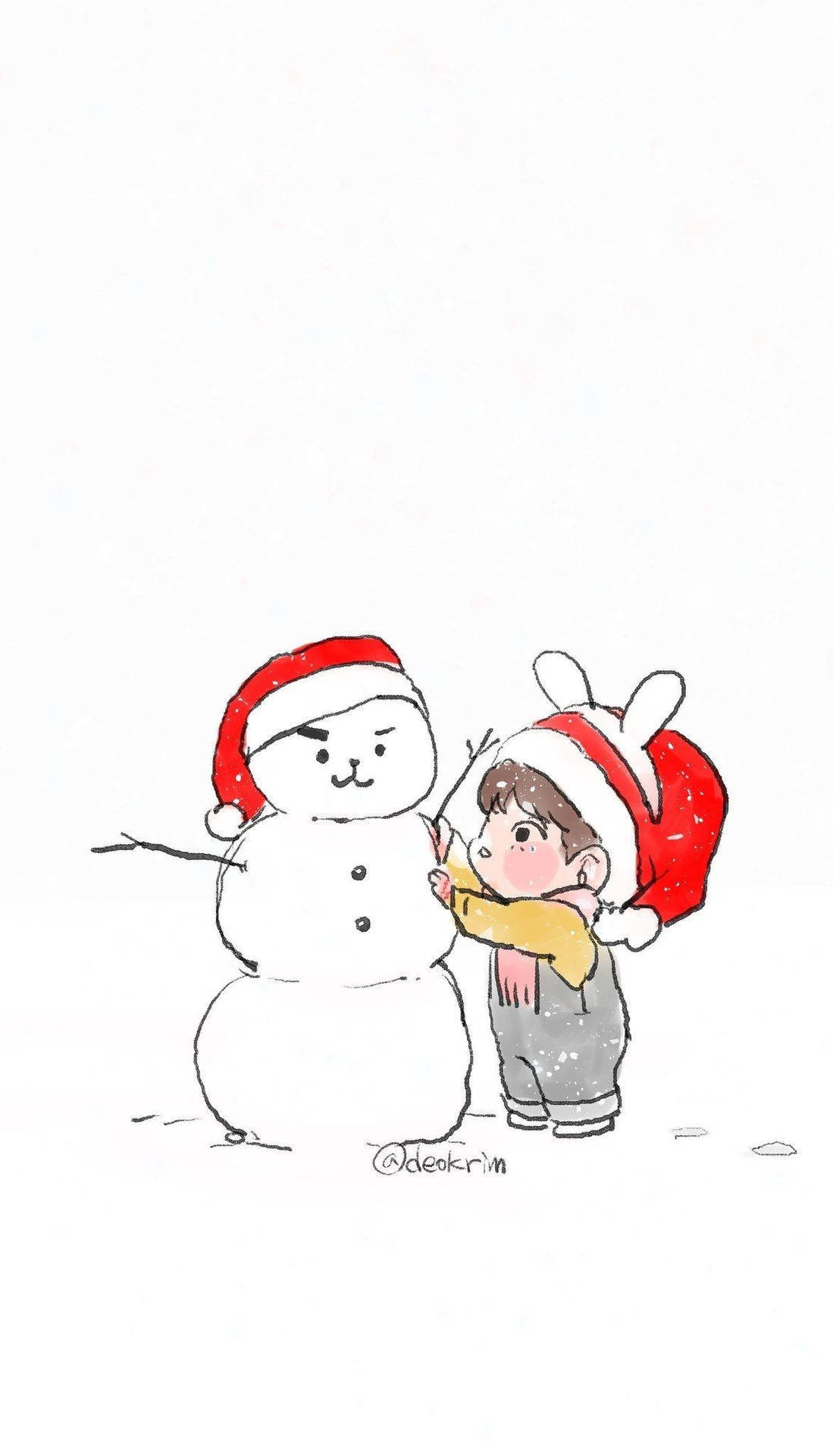 戴聖誕老人帽的小孩擁抱雪人於雪景中