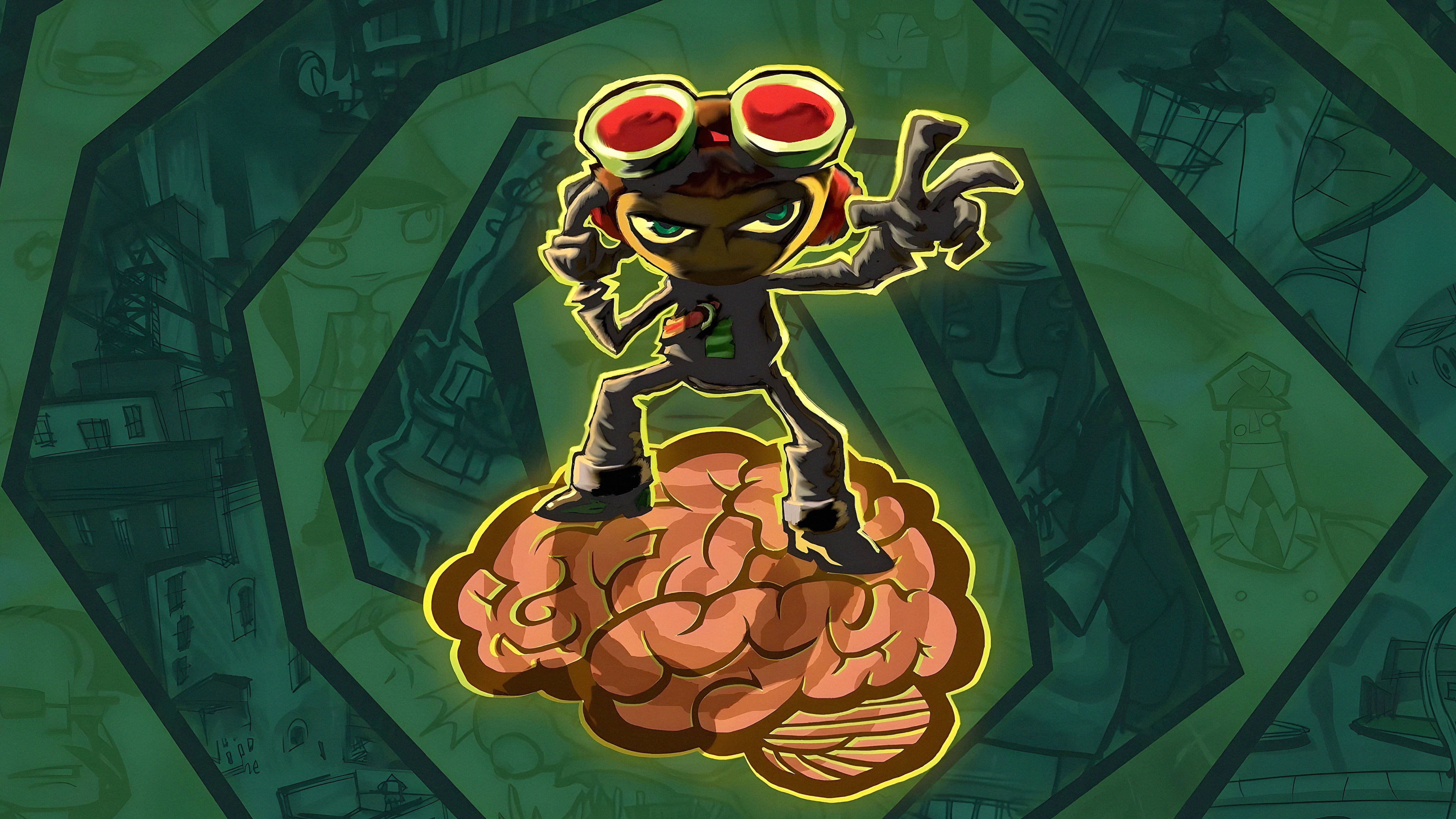 Psychonauts 桌布 壁紙 — 一個戴著紅色護目鏡的卡通角色，在綠色城市素描背景下，勝利地站在一個發光的大腦上。