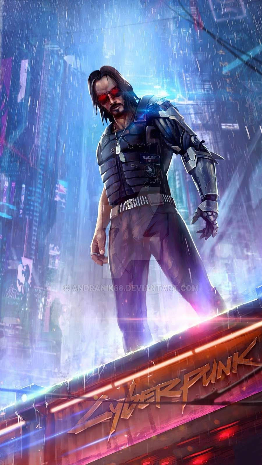cyberpunk 2077 iPhone 桌布 壁紙 — 一個戴著紅色護目鏡的賽博龐克戰士站在雨濕的霓虹燈城市景觀中，下方是發光的數位廣告看板。