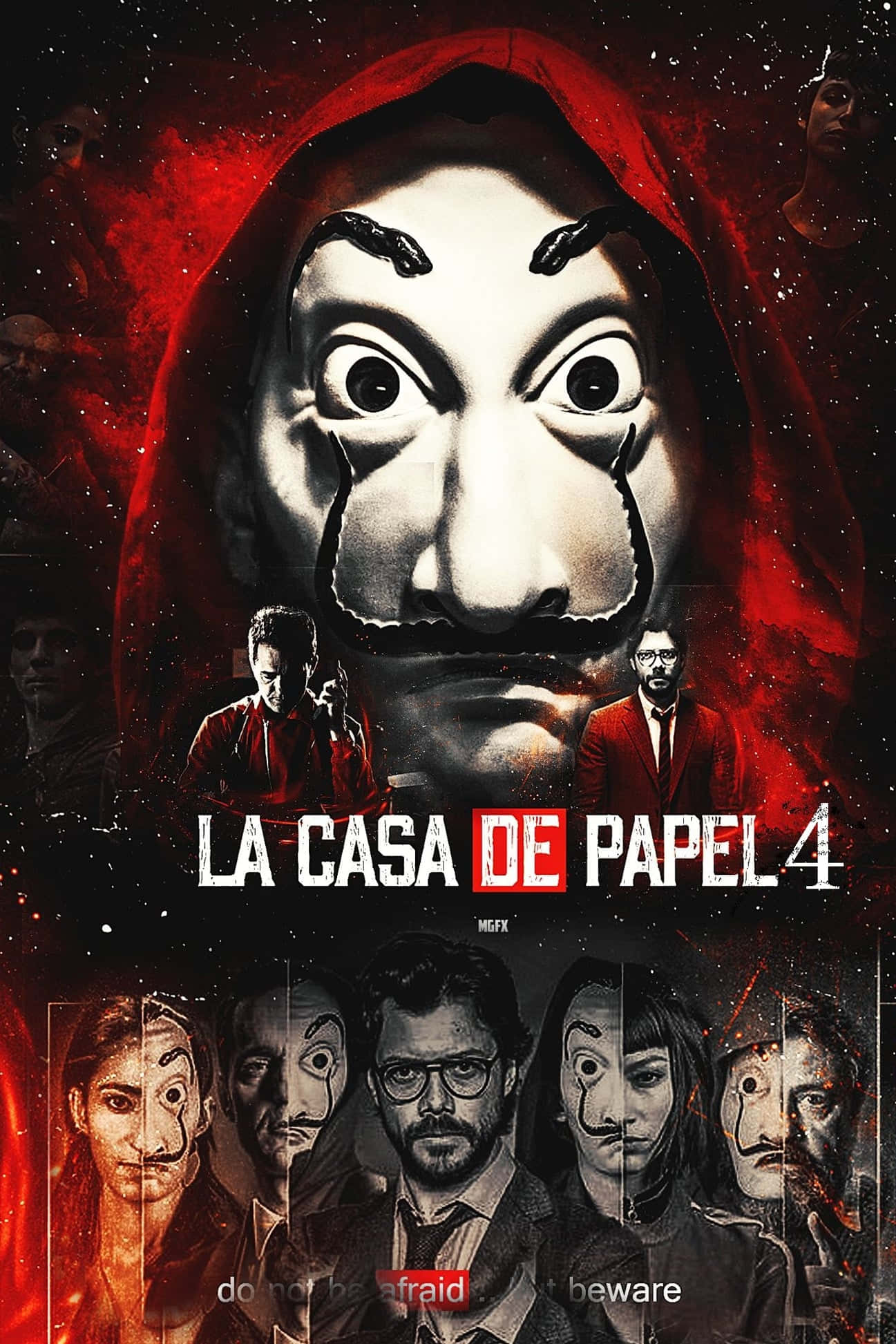 Money Heist Mask 桌布 壁紙 — 一個戴著紅色連帽衫、畫著笑容的威脅性人物，在黑暗的宇宙背景下，籠罩著一群激烈的角色。