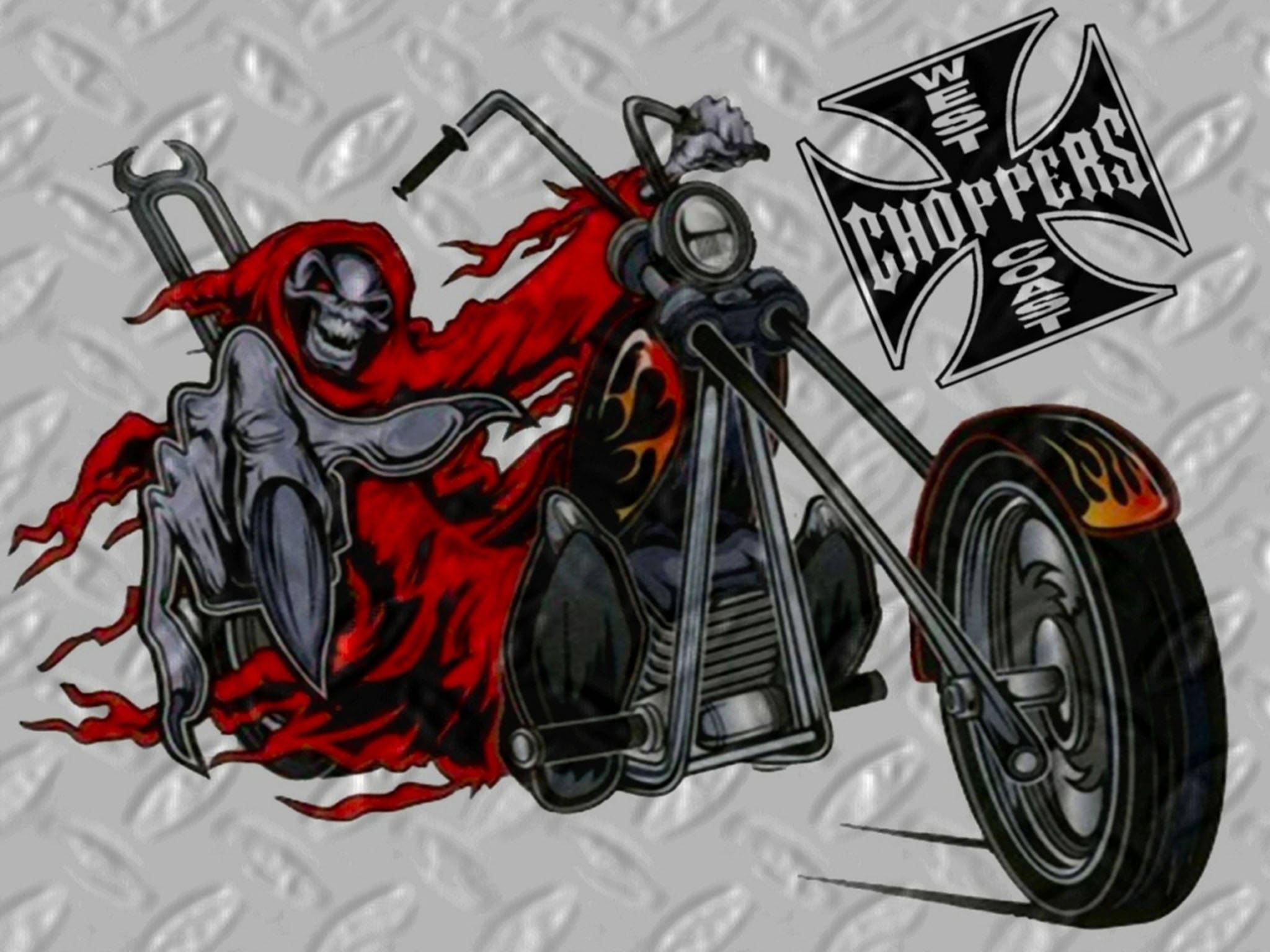 Choppers 桌布 壁紙 — 一個戴著紅色連帽衫的可怕死神，騎著一輛帶有火焰貼花的黑色chopper摩托車，背景是菱形板。