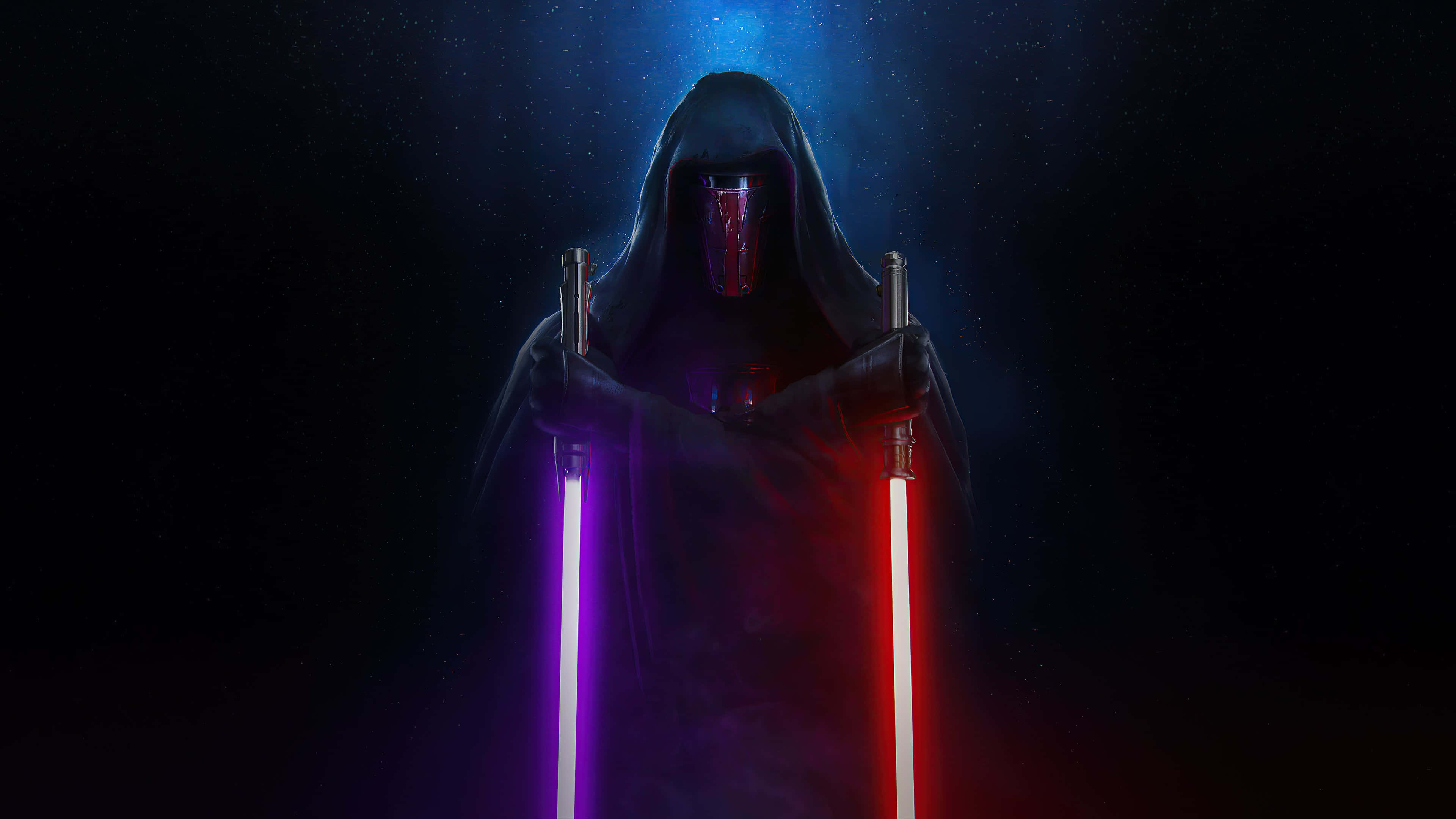 Darth Revan 4K 桌布 壁紙 — 一個戴著紅色面具的兜帽人物，在星空宇宙背景下手持兩把發光的紫色和紅色光劍。