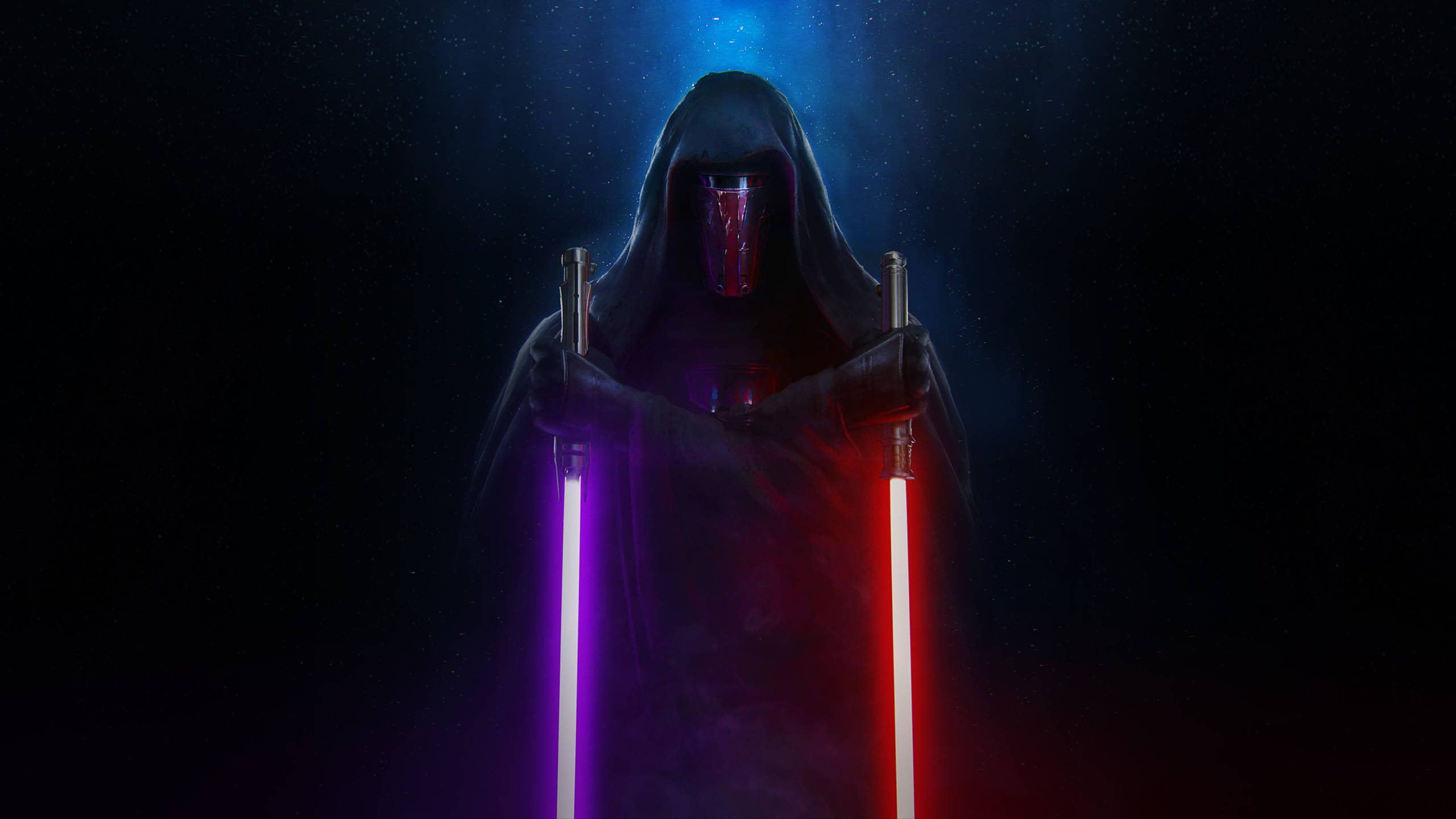 Lightsaber 桌布 壁紙 — 一個戴著紅色面具的兜帽人物，在黑暗的星空背景下，手持兩把發光的紫色和紅色光劍。