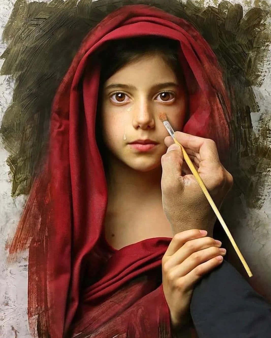 Realism 桌布 壁紙 — 一個戴著紅色面紗的小女孩，淚珠從臉頰滾落，一隻手正用畫筆輕輕地在她臉上塗抹顏料。