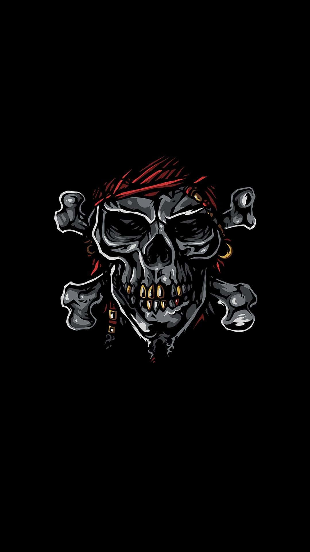 Awesome Skull 桌布 壁紙 — 一個戴著紅色頭巾、鑲著金牙的兇猛海盜骷髏，在純黑色背景上怒目而視。