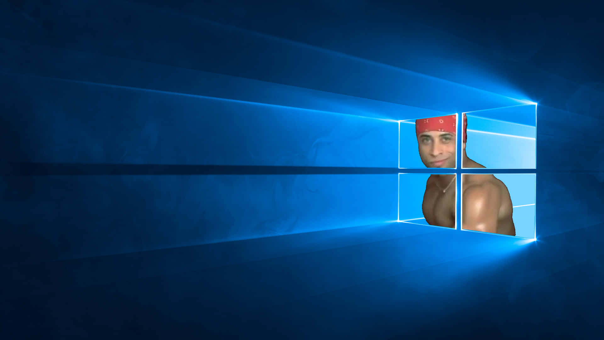 一個戴著紅色頭巾的男人透過發光的藍色Windows標誌窗口觀看。 — Windows 10 GIF 壁紙