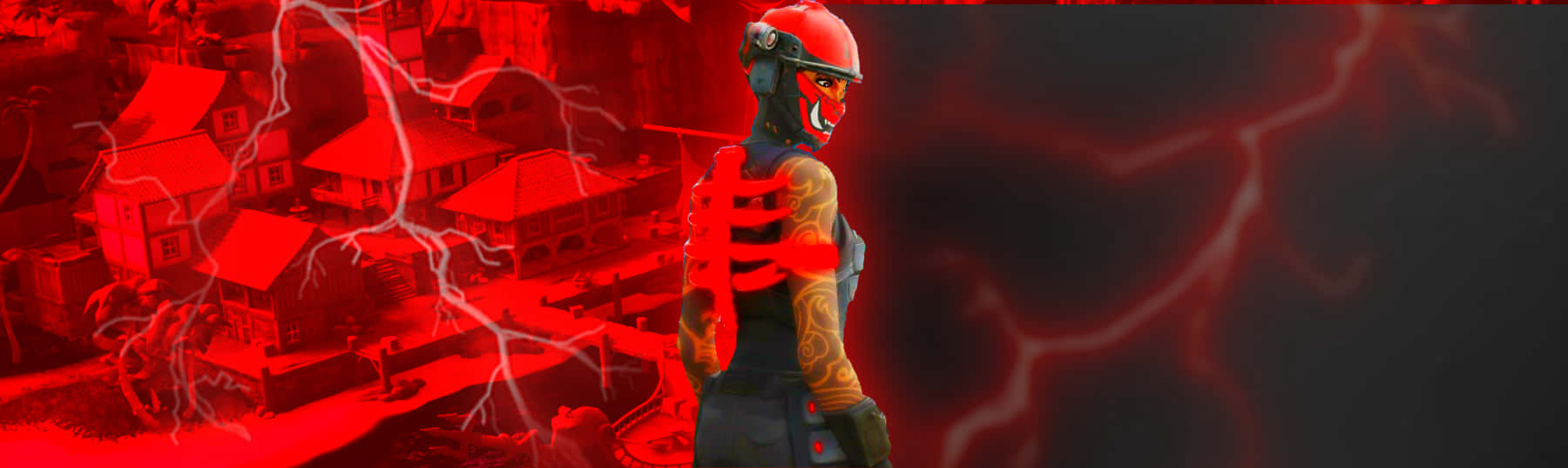 Fortnite Manic Skin 桌布 壁紙 — 一個戴著紅色頭盔、眼睛發光的身影，站在風暴中泛紅的小鎮上空，閃電劃破天際。