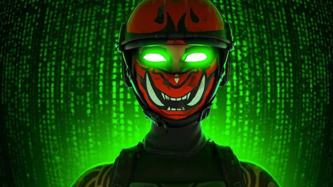 Fortnite 桌布 壁紙 — 一個戴著紅色頭盔、眼睛發出綠色光芒的威脅性人物，站在綠色數位雨背景前。