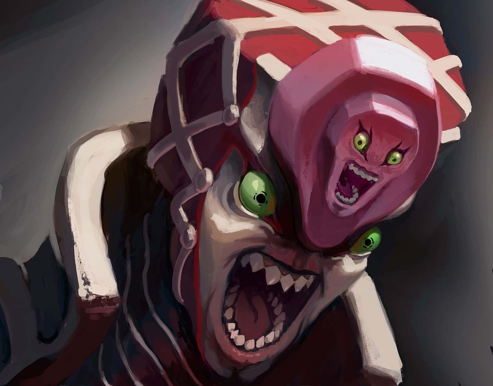 Jojo King Crimson 桌布 壁紙 — 一個戴著紅色頭盔、綠色眼睛的怪誕數位藝術生物，在黑暗、威脅性的特寫中尖叫。