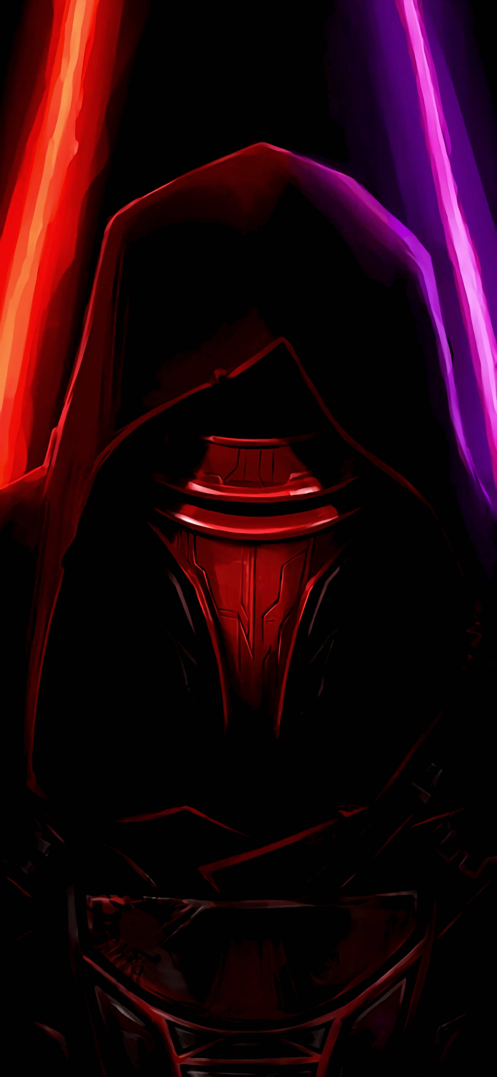 Lightsaber 桌布 壁紙 — 一個戴著紅色頭盔和發光紅色光劍的兜帽人物站在帶有紫色光條的黑暗背景前。