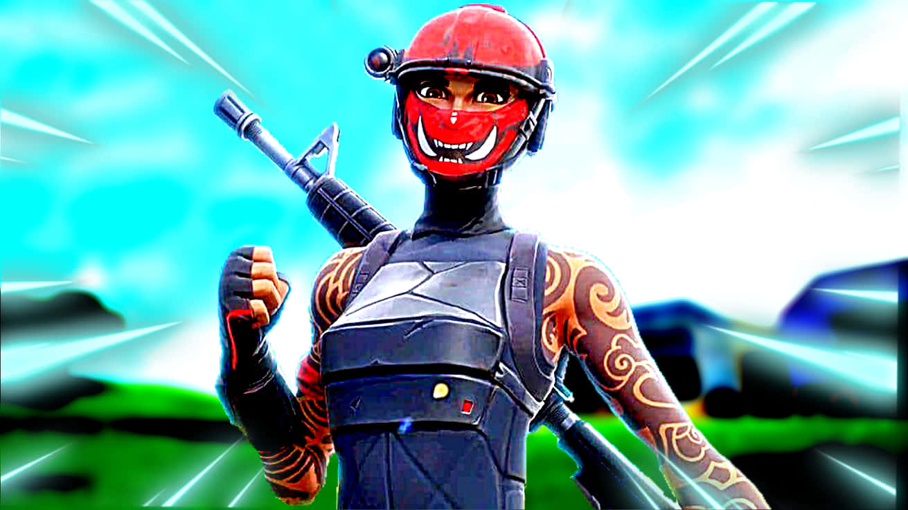 Fortnite 桌布 壁紙 — 一個戴著紅色頭盔和臉部彩繪的Fortnite角色，在帶有運動條紋的明亮藍天下揮舞步槍。