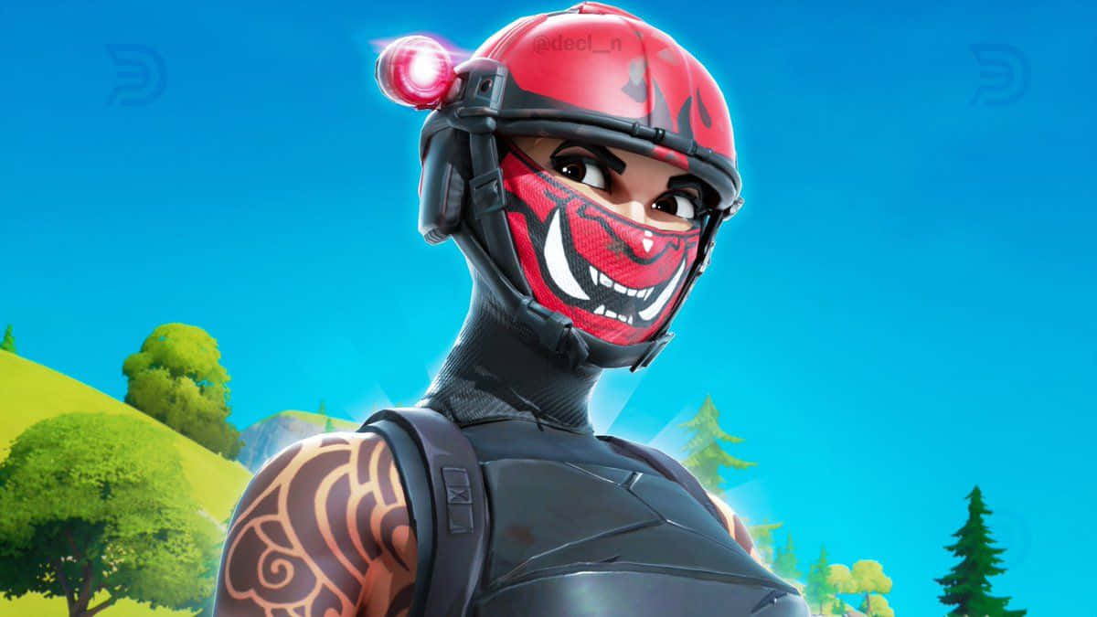 Mask 桌布 壁紙 — 一個戴著紅色頭盔和面具、發出粉紅色光芒的Fortnite角色，站在晴朗藍天下的一片鮮綠色景觀中。