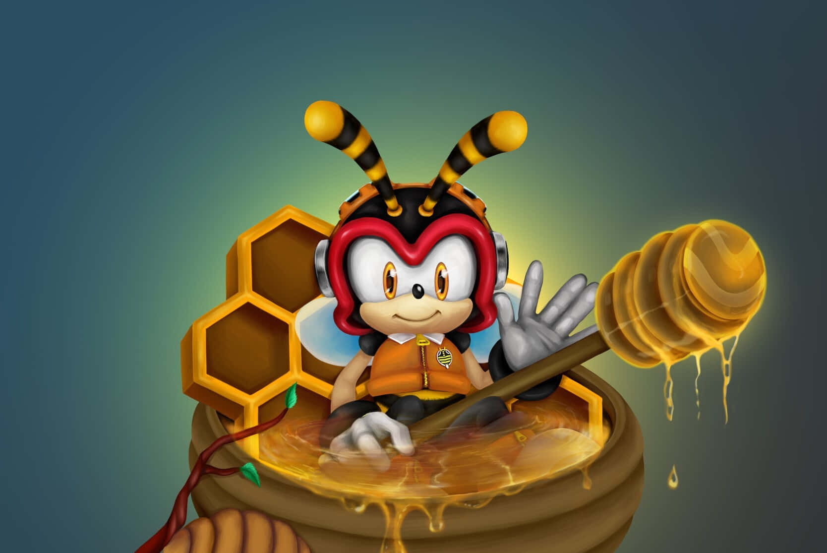 Charmy Bee 桌布 壁紙 — 一個戴著紅色頭盔的快樂卡通蜜蜂角色坐在蜂蜜罐裡，拿著滴著蜂蜜的蜂蜜勺。