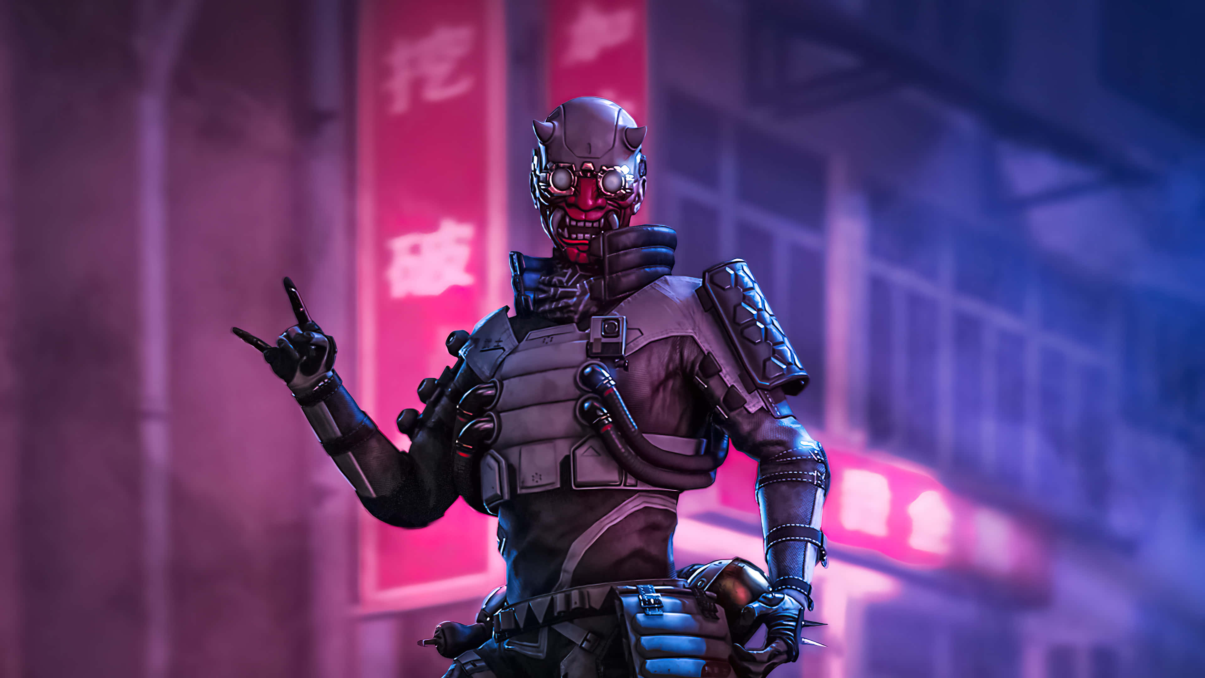 Apex Legends Characters 桌布 壁紙 — 一個戴著紅色骷髏面具、眼睛發光的威脅性裝甲人物，在夜晚霓虹燈照亮的城市小巷中做出搖滾手勢。