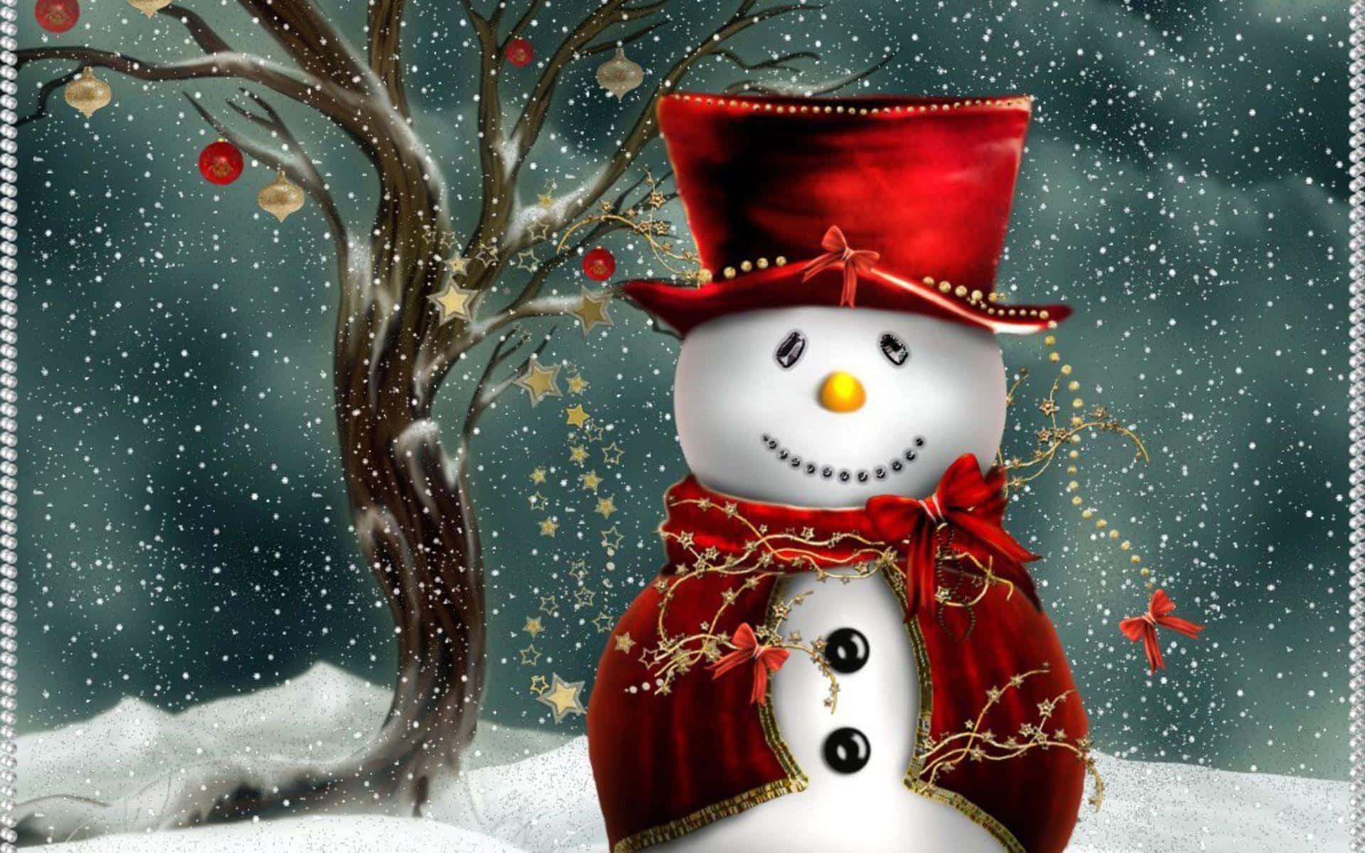 雪人 桌布 壁紙 — 一個戴著紅色高帽和圍巾的節日雪人站在雪白的冬日場景中，旁邊有裝飾好的樹和飄落的雪花。