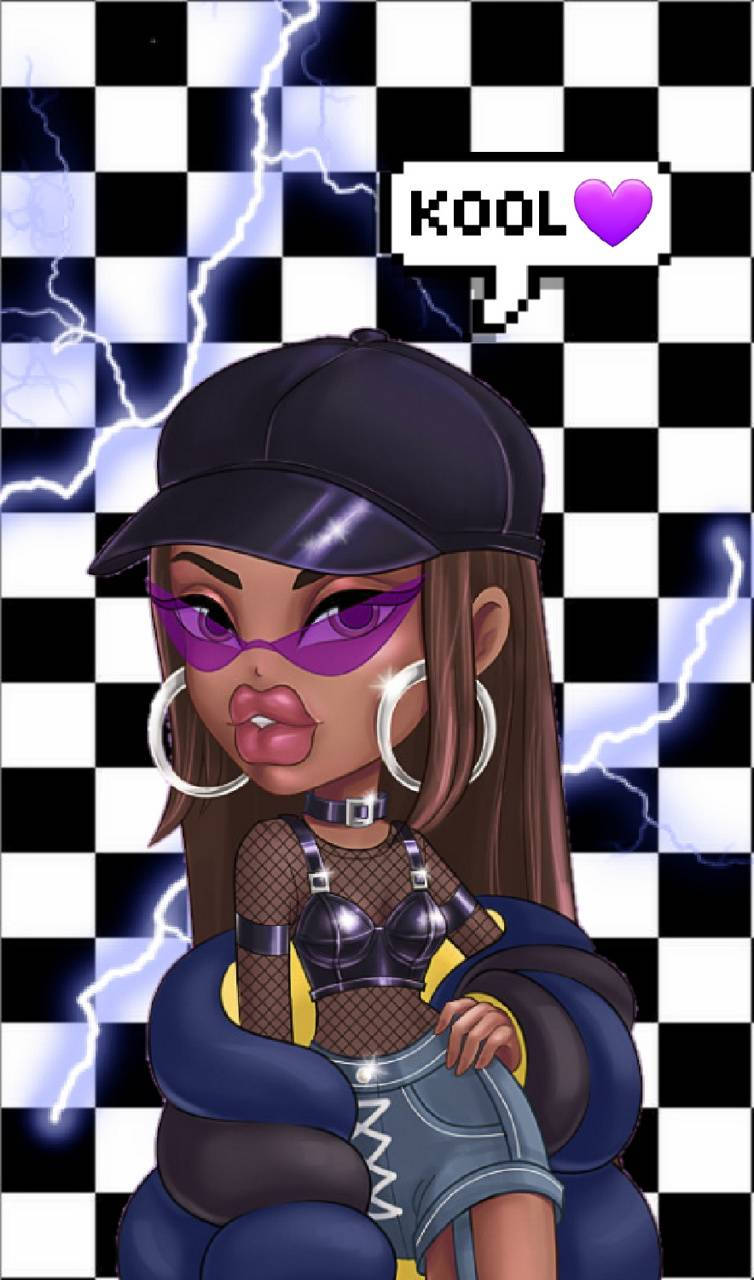 Bratz 桌布 壁紙 — 一個戴著紫色太陽眼鏡和帽子的風格化動漫女孩，自信地站在帶有閃電的格子背景前。