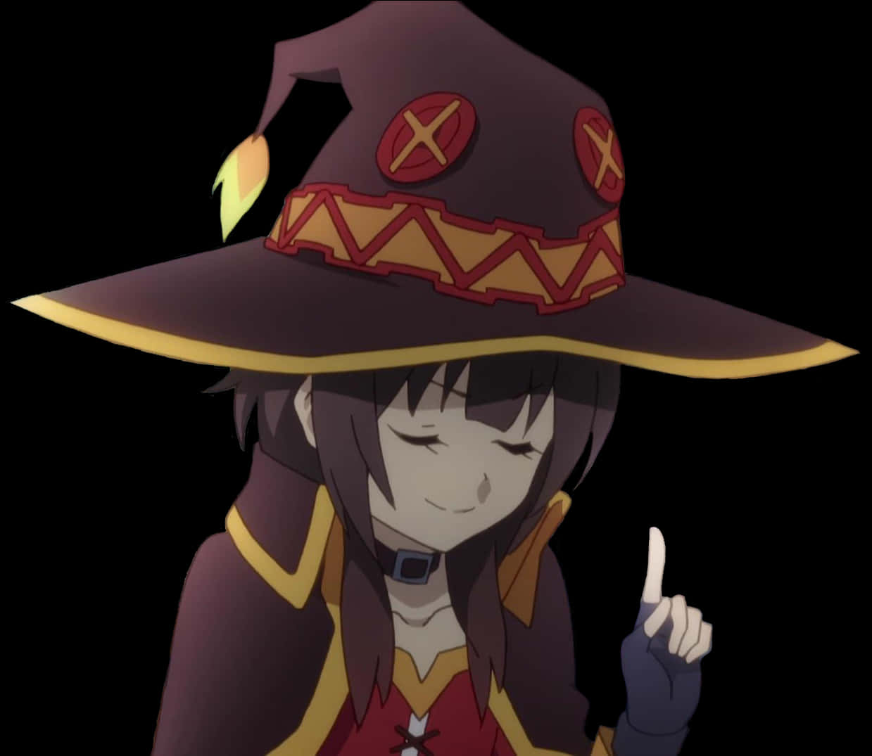 Megumin 桌布 壁紙 — 一個戴著紫色帽子、上有紅色X標誌的開朗動畫女巫，在黑色背景前微笑著向上指。