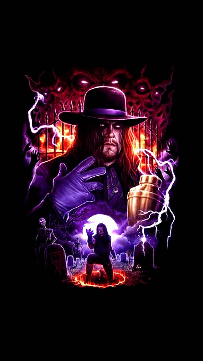 Undertaker 桌布 壁紙 — 一個戴著紫色帽子和手套的可怕人物，在燃燒的墓地中，從金色甕中引導閃電，背景是發光的月亮。